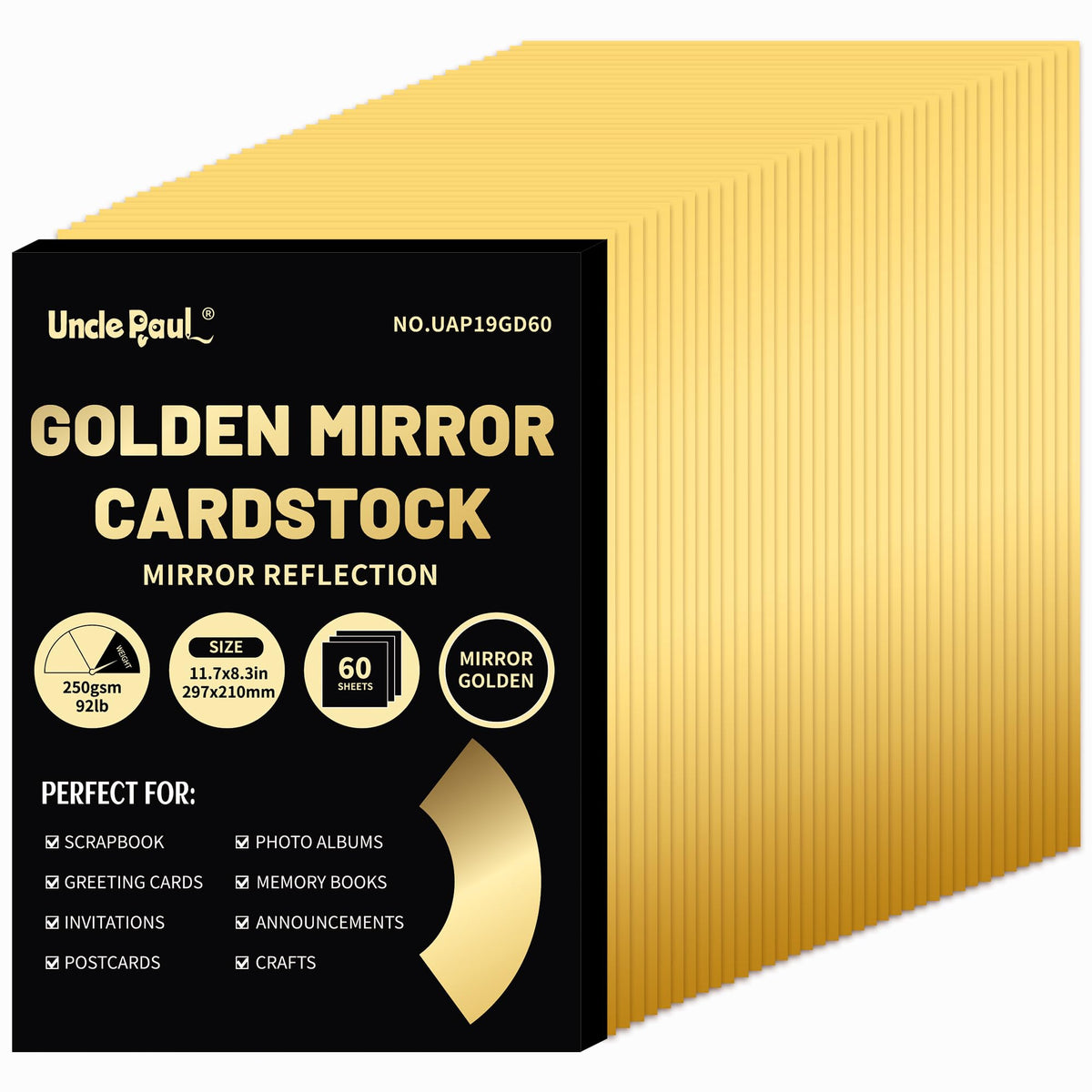 A4 Golden Mirror Cardstock Paper, 60 Sheets 250gsm/92Ib Metallic Reflective Paper for Crafts, Foil Cardstock for DIY Projects Birthday Party