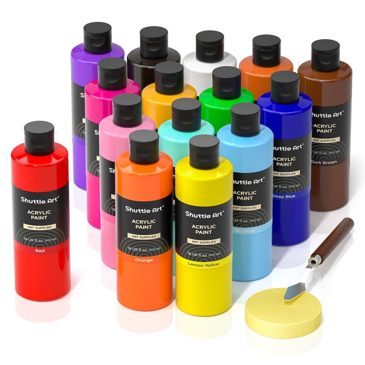 Shuttle Art Acrylic Paint Set, 15 Colours Acrylic Paint Bottle Set (473ml/16oz), Rich Pigmented Acrylic Paints, Bulk Painting Supplies for Artists,