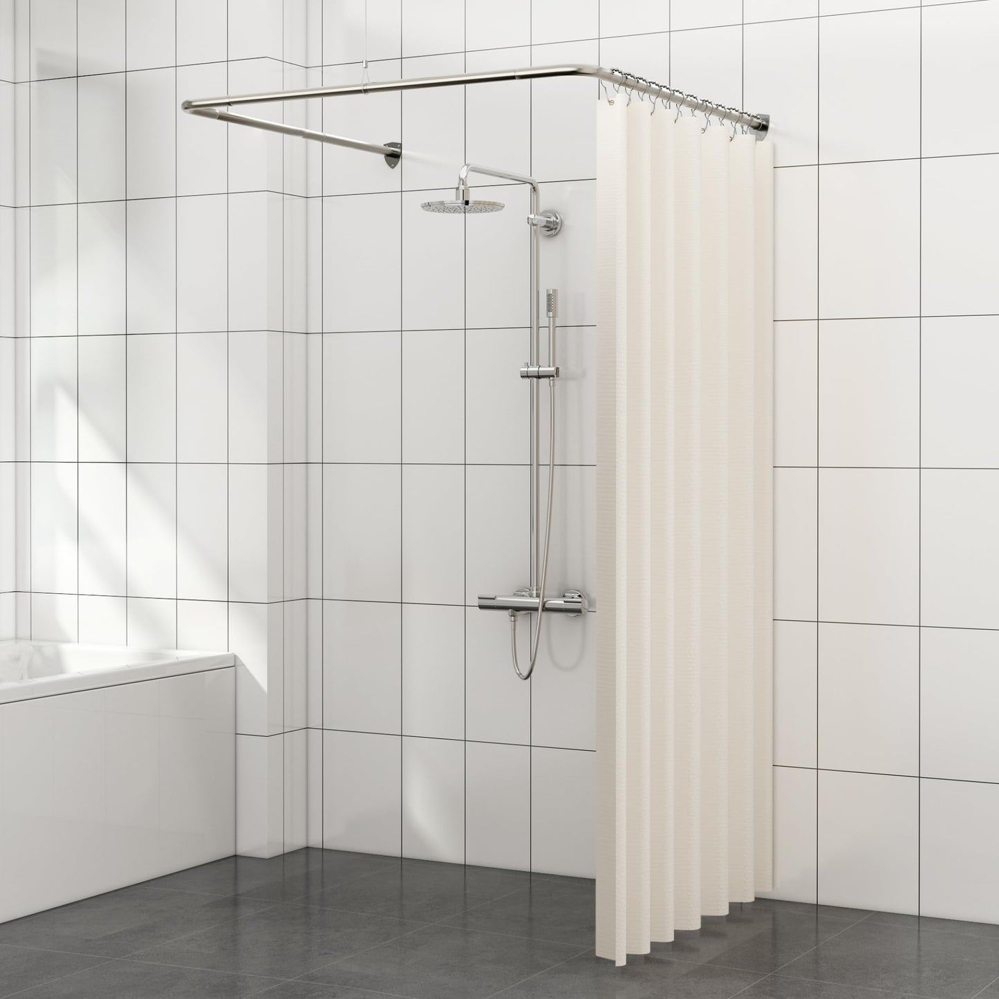 Shower Curtain Pole, U Shaped Shower Curtain Rail for Bathroom, Clothing Store, Stainless Steel with 12 Ring Hooks & Ceiling Support [ Both Sides: