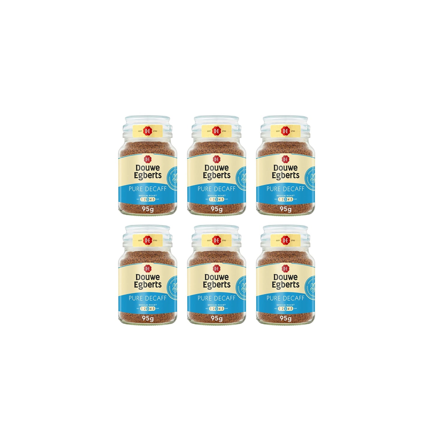 Douwe Egberts Pure Decaff Medium Roast Instant Coffee 95g (Pack of 6 Jars, Total 570g)