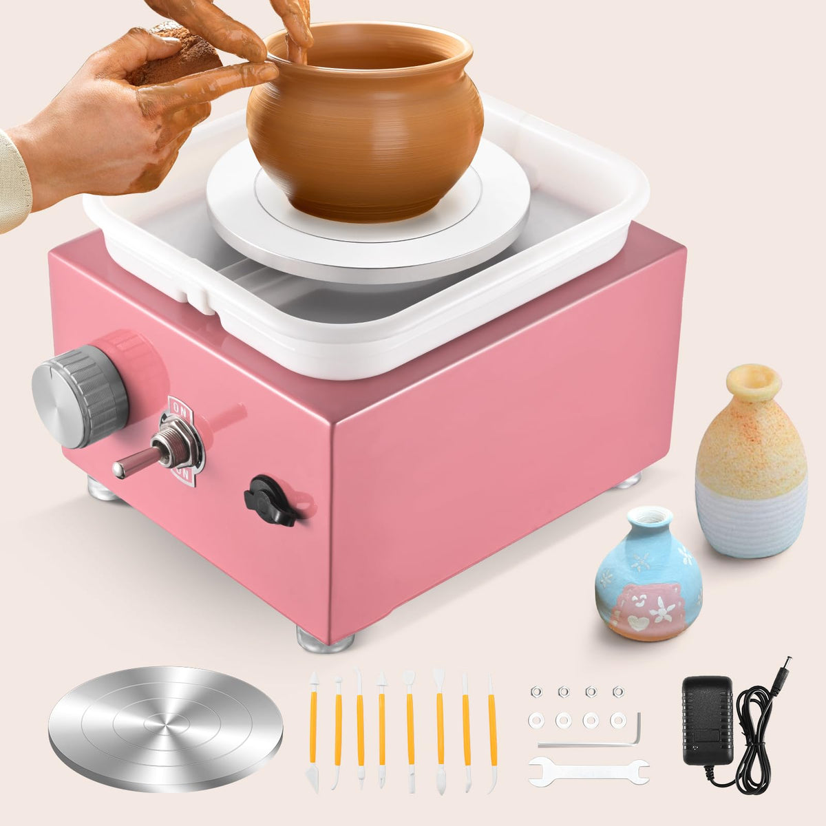 Pottery Wheel, Ovshnrr 2 Plates Turntable 10/6.5cm Pottery Machine, 2000RPM Adjustable Speed Mini Pottery Wheel with Shaping Tools for Pottery DIY,