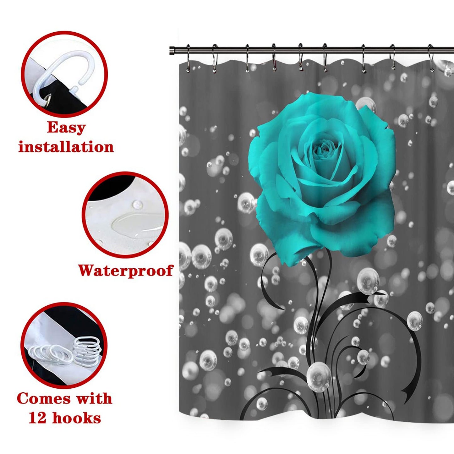 4 Piece Shower Curtain with Bath Rugs Bathroom Sets, Rustic Blue Rose Flower with Butterfly Bathtub Accessory Kit -- Carpet ,U Shape Mat and Toilet