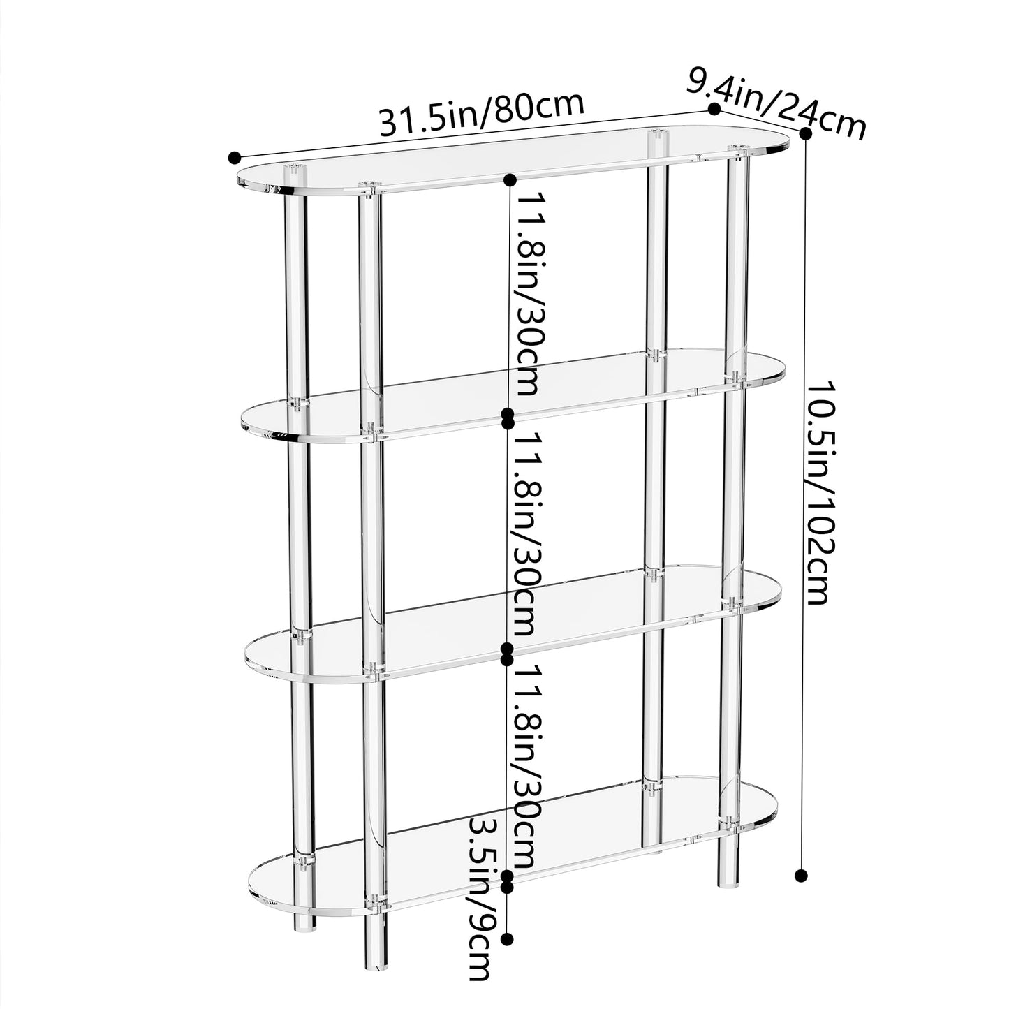 Clear Acrylic Bookshelf Bookcase, Narrow Oval, 4 Tier, 80 x 24 x 102 cm