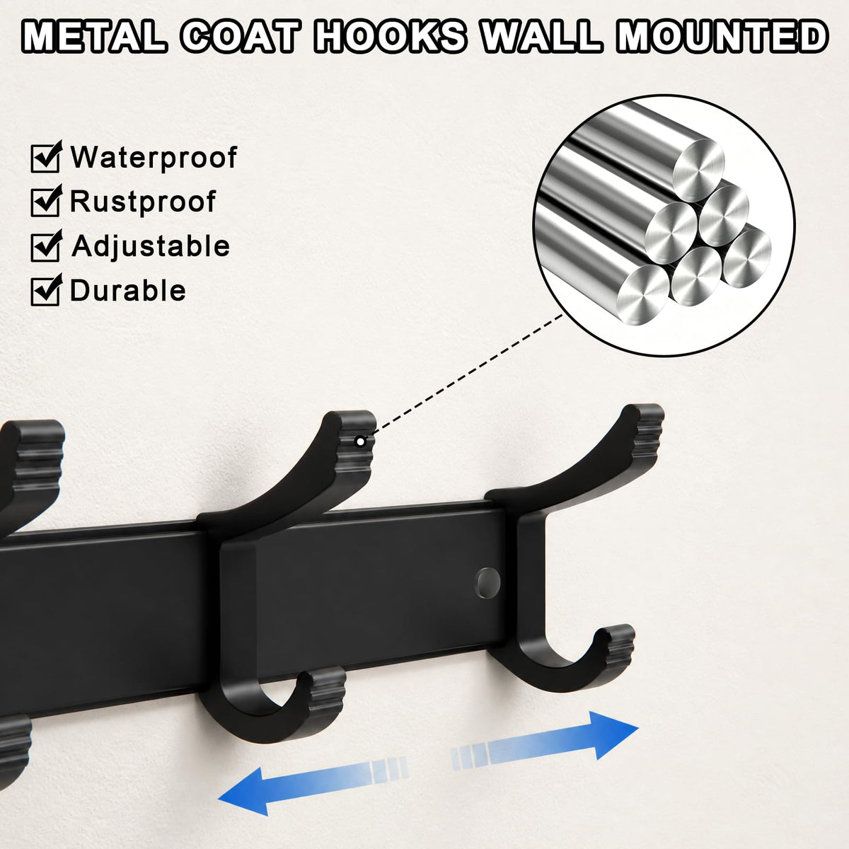 NONETO 2 Pack Coat Hooks Wall Mounted with 6 Movable Coat Rack (Black)