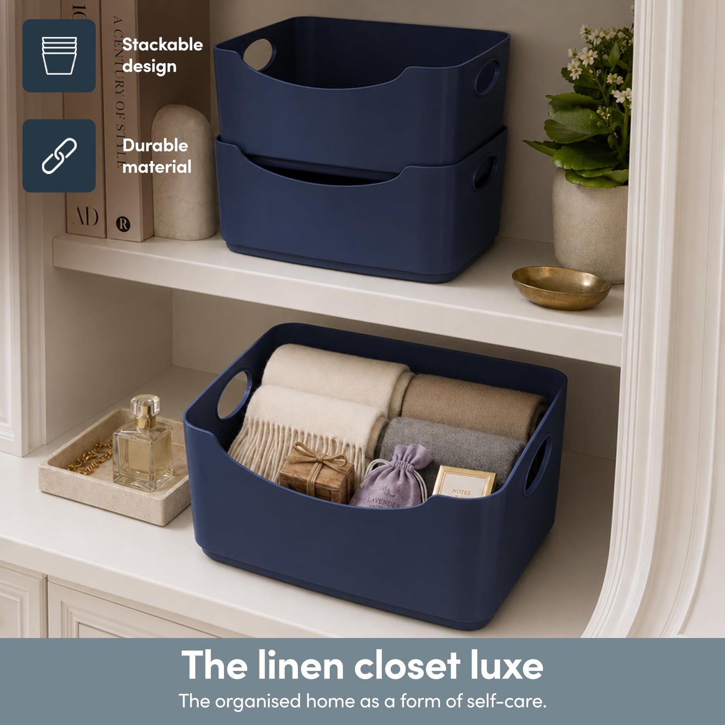 KEPLIN 5 Pack Plastic Storage Baskets with Handles, BPA-Free Dishwasher Safe Organiser Boxes for Kitchen, Bathroom, Pantry, Shelves & Drawers