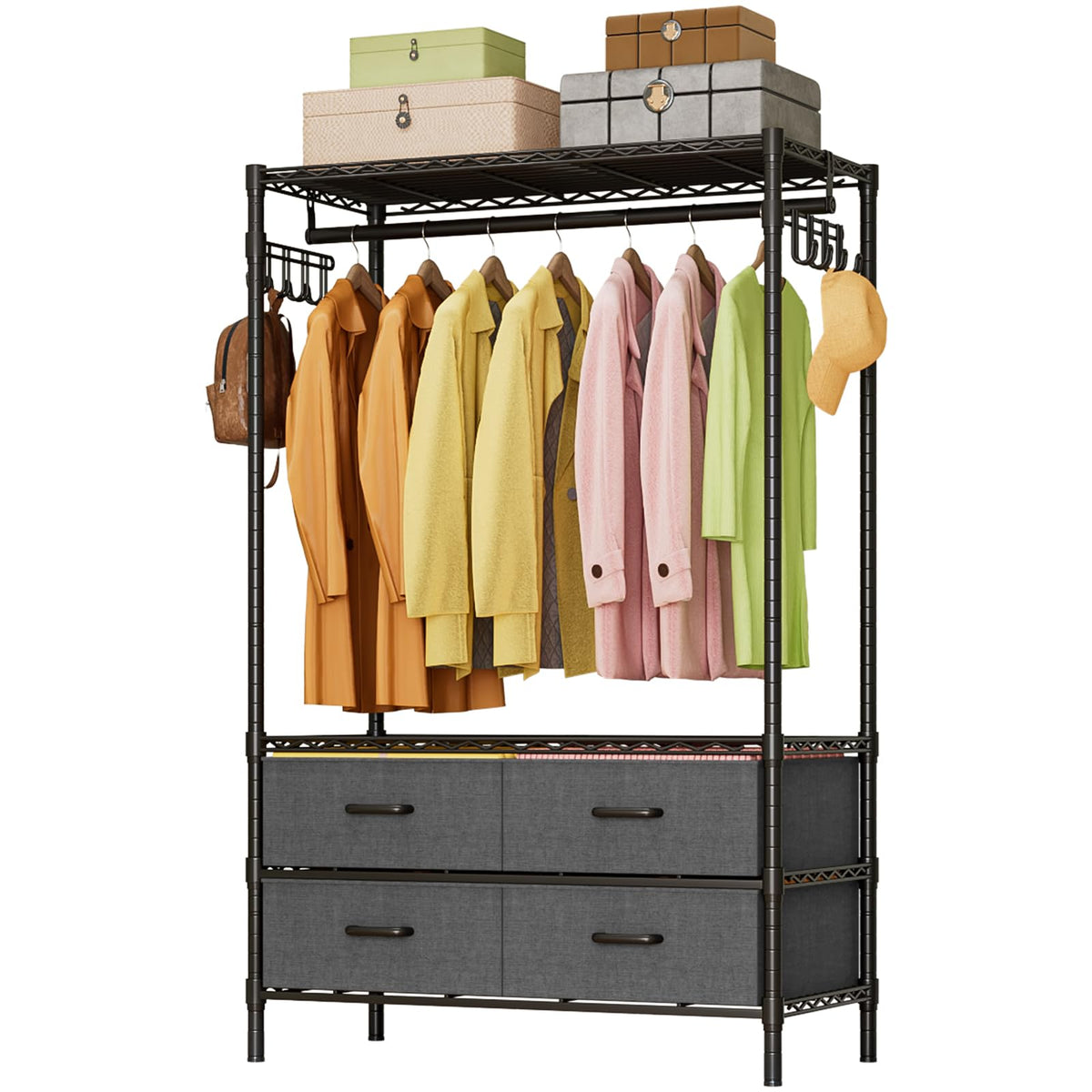 FTEYUET Clothes Rail Heavy Duty for Hanging Clothes with 4 Fabric Drawers