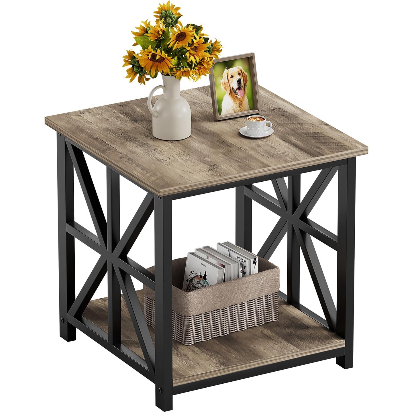 GreenForest Side Table 50cm 2-Tier Storage for Living Room, Grey