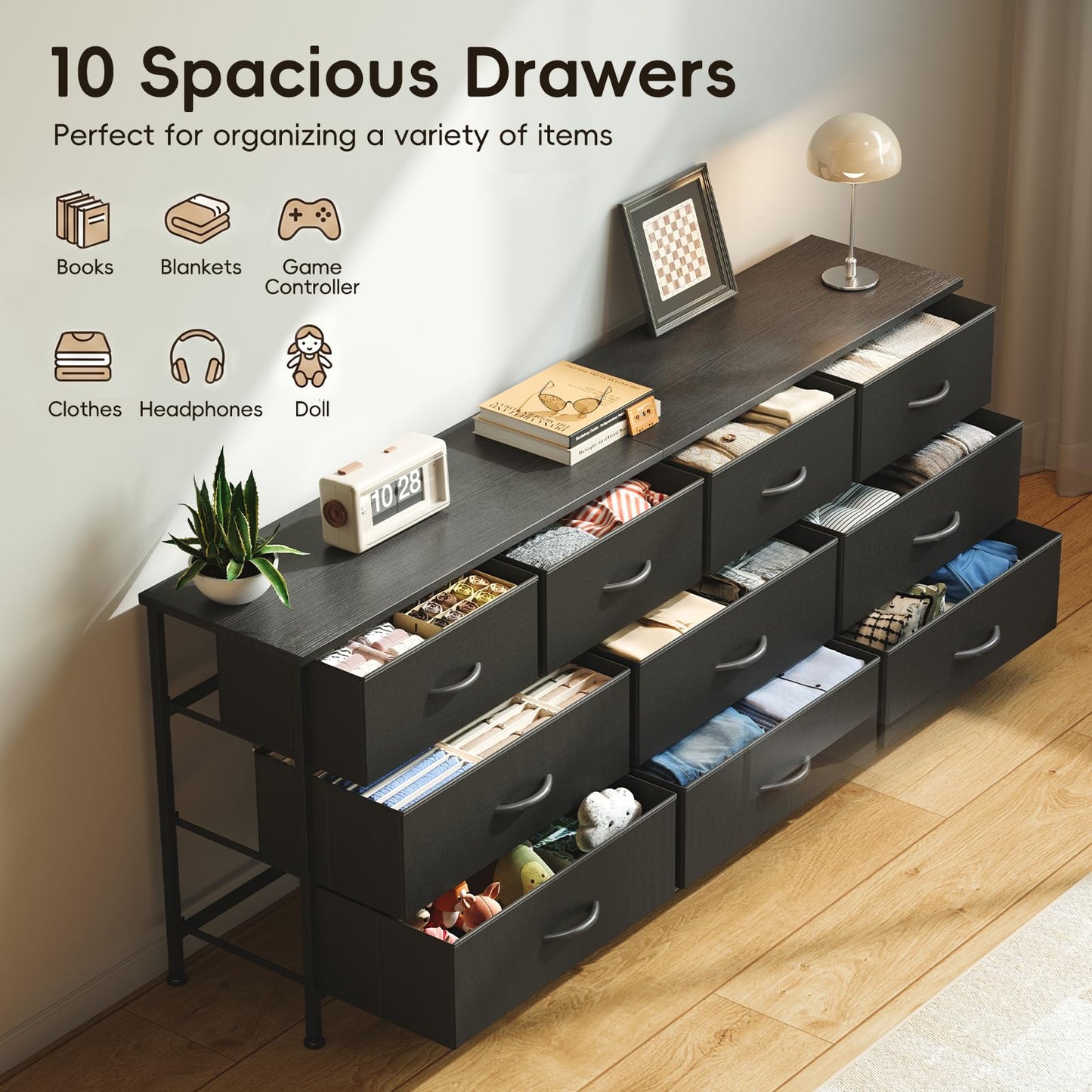 VERMESS Bedroom Dresser & Chests of Drawers with 10 Fabric Drawers, TV Stand Cabinet Unit for 65", 70" TV, Dresser Storage Organizer