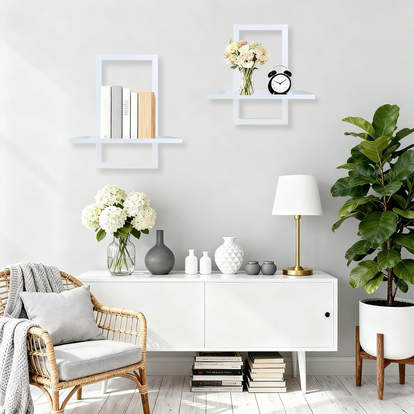 YiYa 2 Pcs Wood Shelves for Wall Decor Modern Boho Wall Shelf Wood Floating Shelf Bohemian Hanging Shelf Display Shelving for Hanging Plants Photo