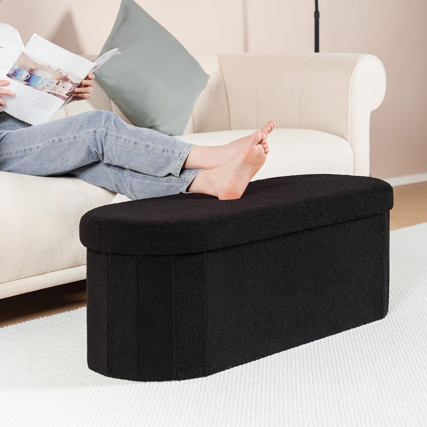 Bonlife Folding Ottoman Storage Bench,Boucle Footstool Oval, End of Bed Stool, Ideal for Living Room, Bedroom, 100L Storage Space,Black