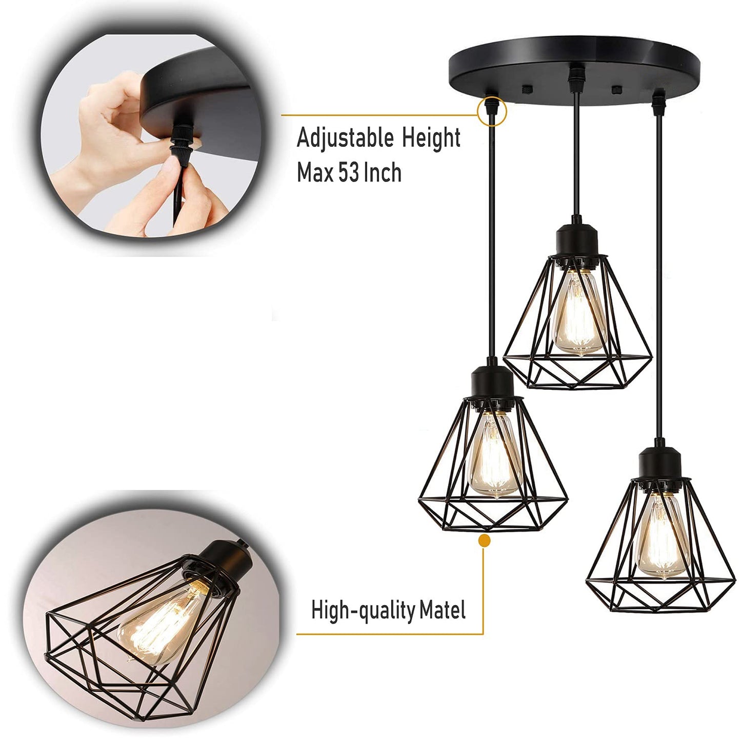 Timi Home Industrial 3-Light Pendant Light, Flush Mount Ceiling Light Fixture with Black Metal Cage Shade, Vintage Hanging Pendant Lighting for