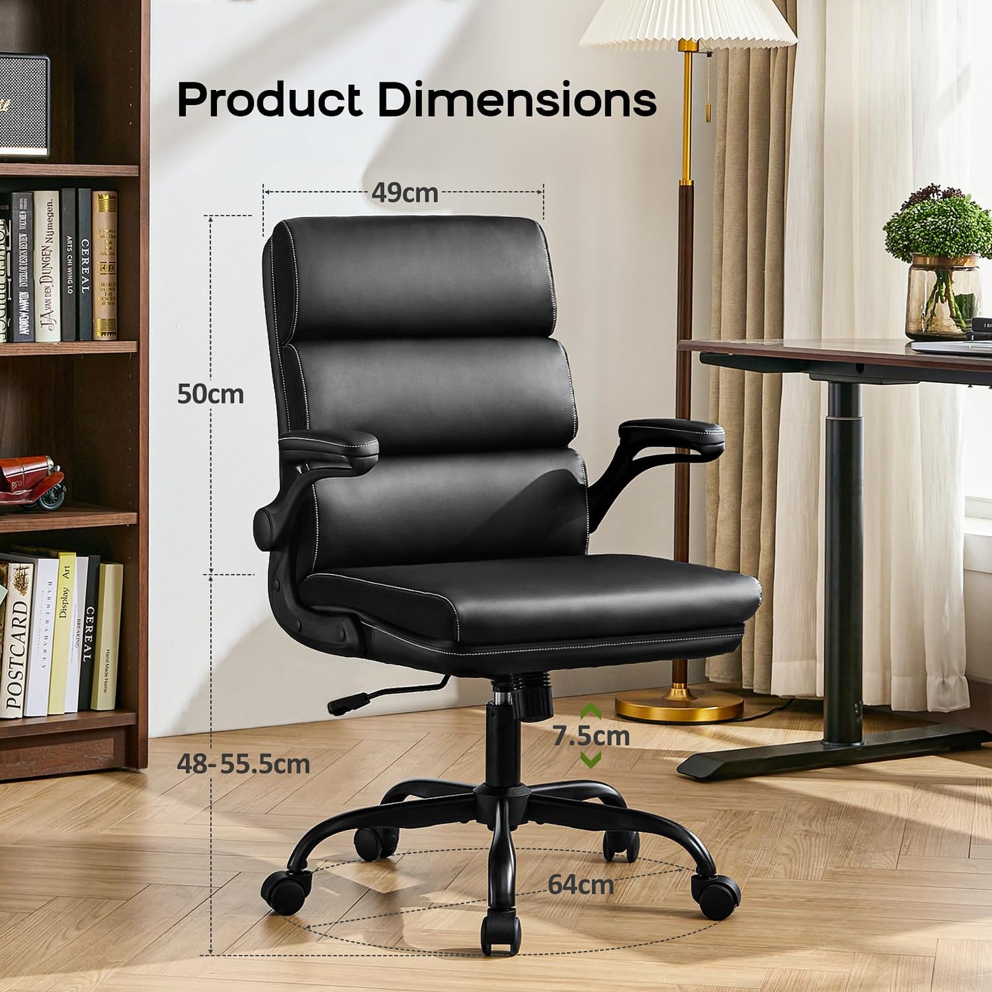 LukkDys Executive Office Chair with Flip-Up Armrests, 3-Stage Lumbar Support, Ergonomic Mid Back PU Leather Swivel Chair
