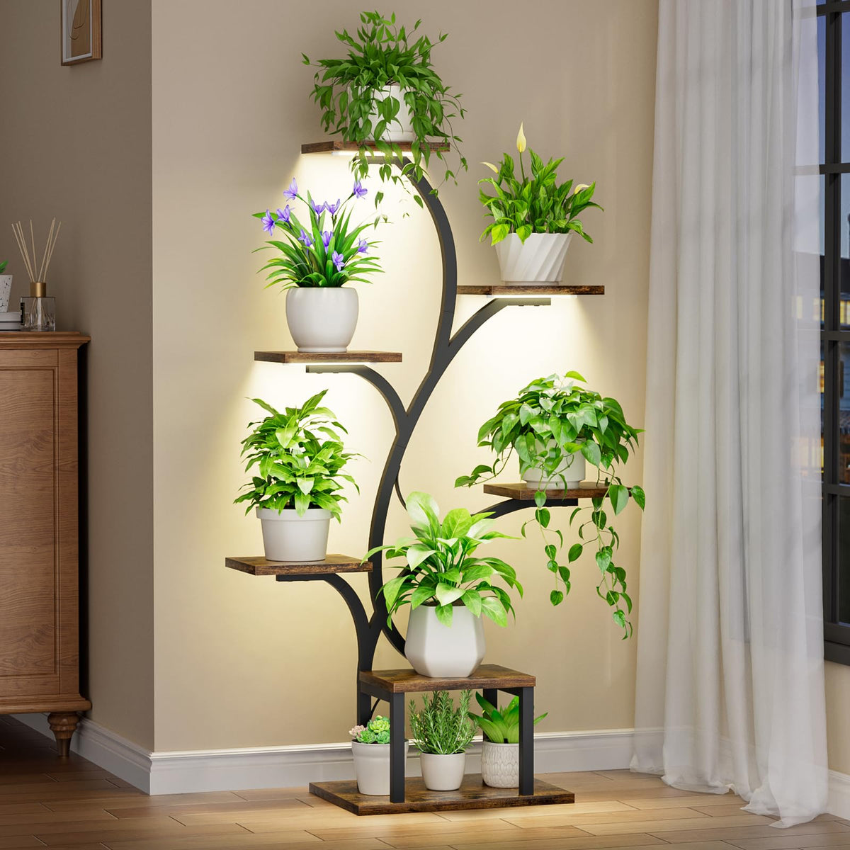 BACEKOLL Plant Stand With Grow Lights, 7 Tiered Indoor Plant Shelf, 49" Corner Plant Stands, Metal Flower Display Shelves, Tree-Shaped Plant Rack for