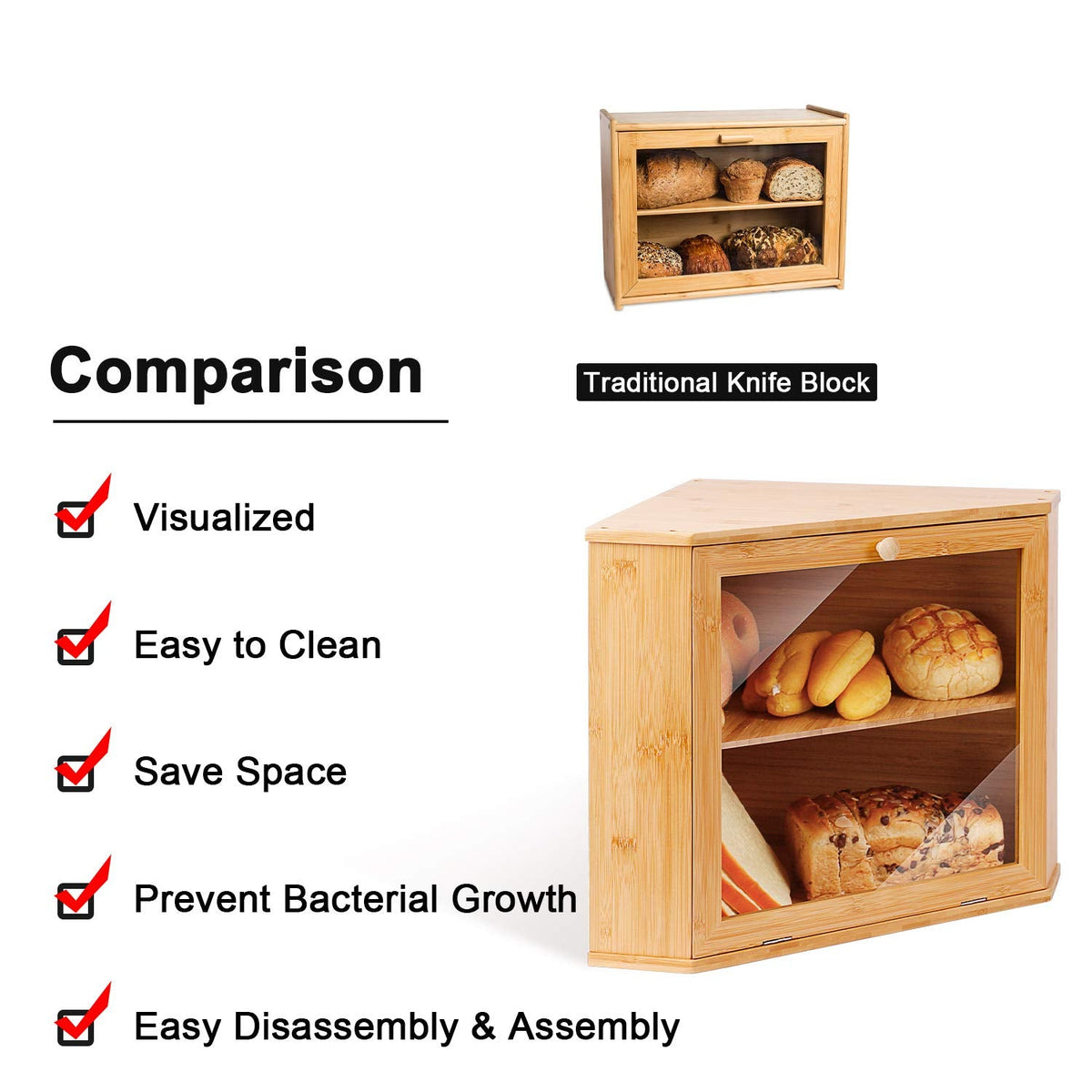 Leader Accessories Corner Bread Bin Bamboo Two-Layer Bread Box for Kitchen Corner fit 12.6"x12.6"x13.4"