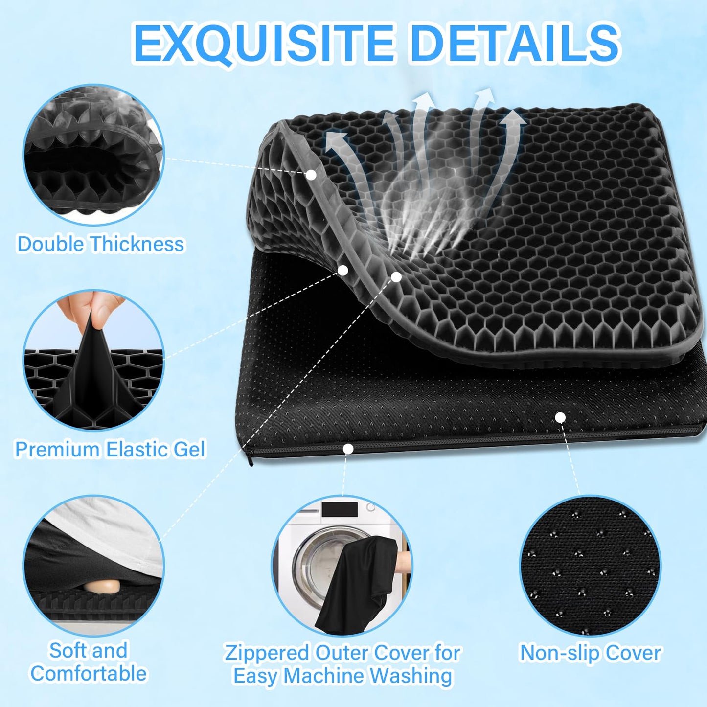 Audasi Gel Seat Cushion, Honeycomb Thick Gel Seat Pad for Bottoms Soft Sitter Cushion Relieving Back Coccyx Pressure Seat Cushions for Car Office