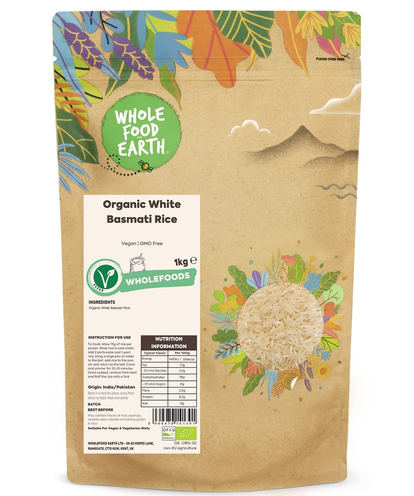 Wholefood Earth Organic White Basmati Rice 1kg Vegan | GMO Free | Certified Organic