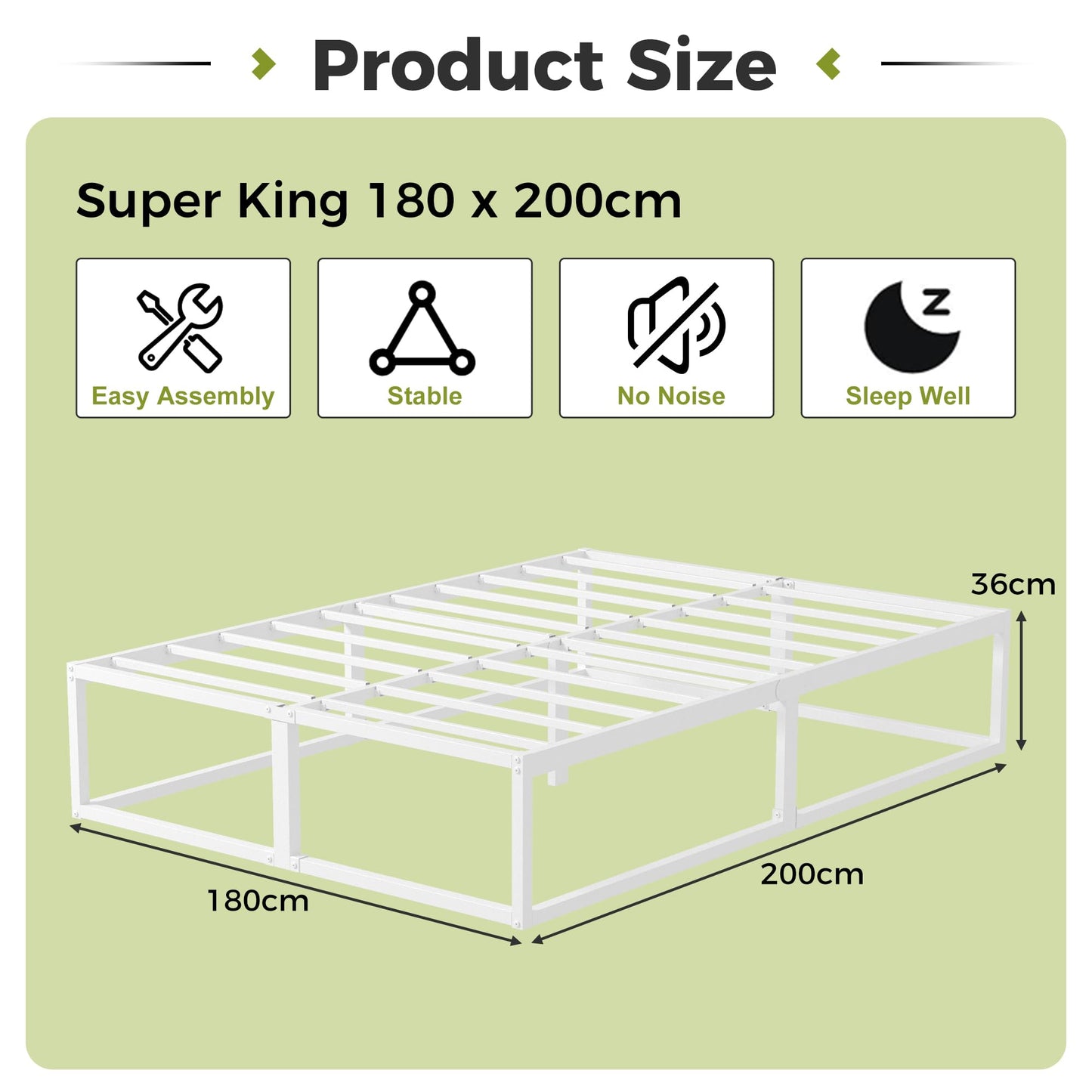 EMODA Super King Bed Frame 36cm High with Steel Slats Support, White