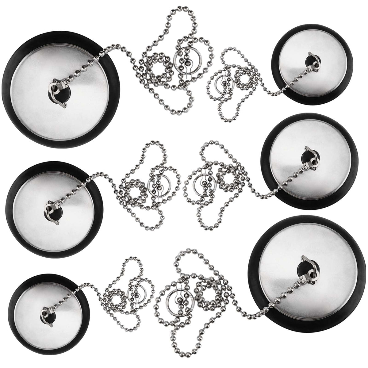 HEIHAK 6 Pcs Black Bath Plug, Universal Sink Plug with Metal Ball Chain, Rubber Drain Stopper replacement for Kitchen, Bathroom Bathtub, Laundry 40mm