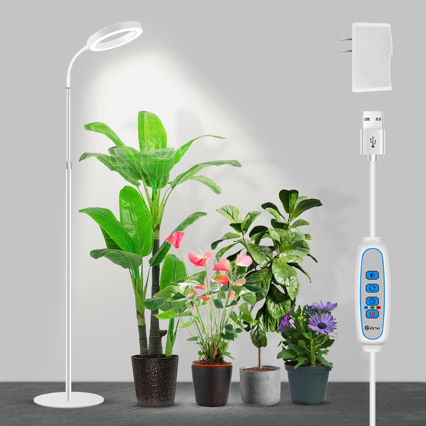 Garpsen Grow Light, Full Spectrum LED Floor Plant Light with Timer 6/12/16H, 3 Color Modes Grow Lamp with Base, 5 Dimmable Levels, 23''~67''Adjustable