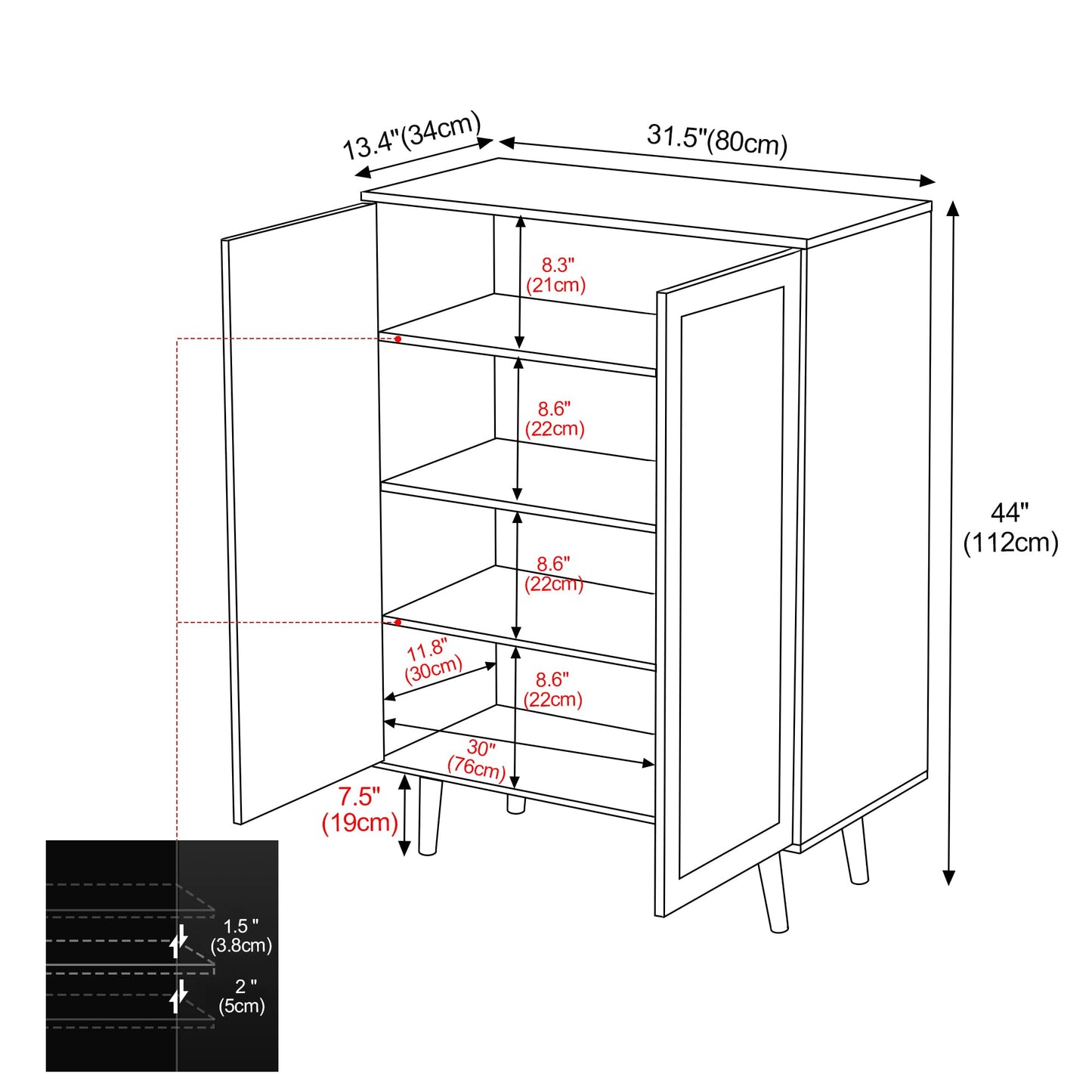 Yvsevnr Rattan Sideboard Cabinet with 2 Doors, Kitchen Storage Cupboard with Adjustable Shelves for Living Room Hallway Entryway