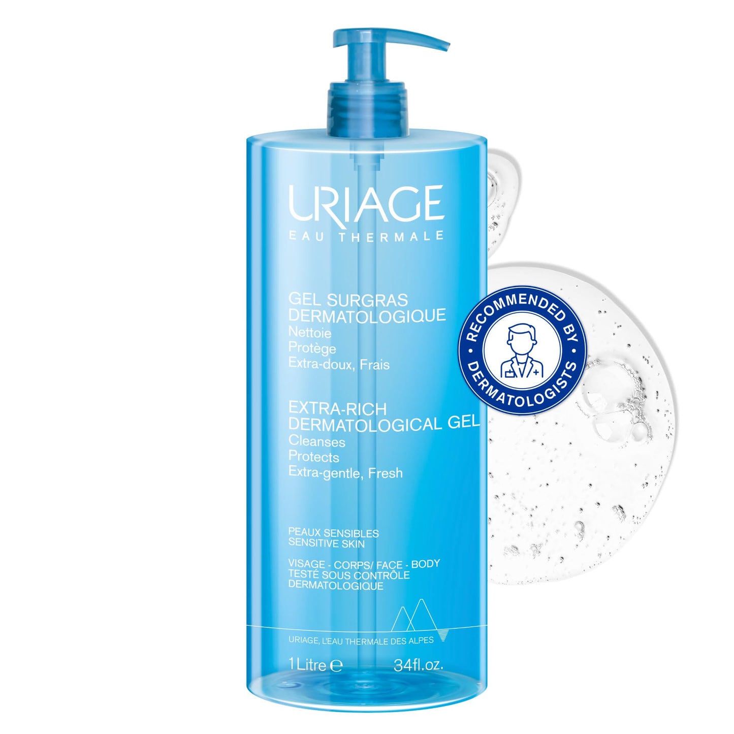 Uriage Extra-Rich Dermatological Cleansing Gel 1L - Fresh Face & Body Foaming Cleanser - Sensitive & Dry Skin - Hydrates & Preserves the Hydrolipidic