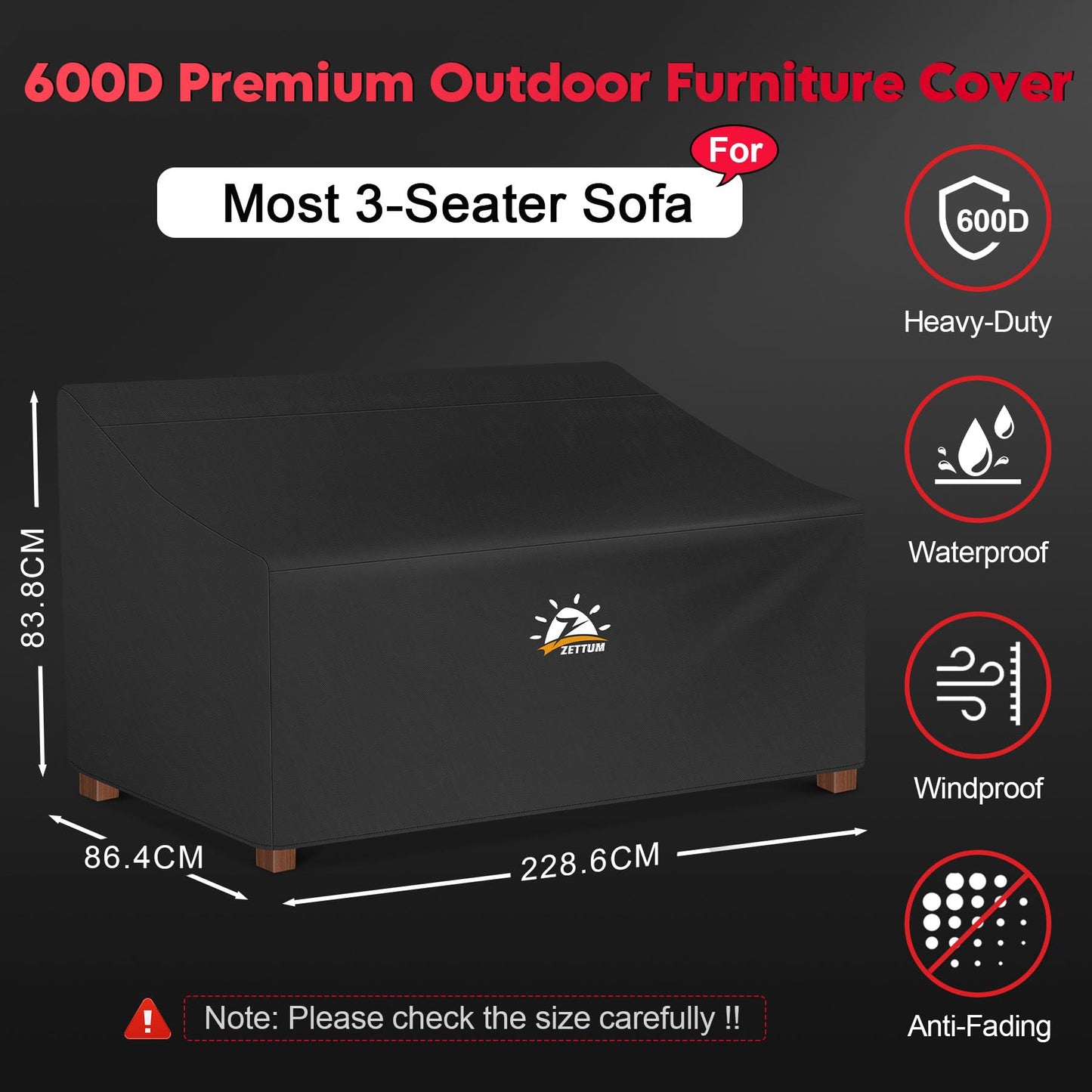 Zettum 228x86x84cm Large Bench Covers Waterproof 4 Seater Heavy Duty 600D Oxford Fabric Cover for Garden Bench Fit for Garden Bench, Love Seat, Patio