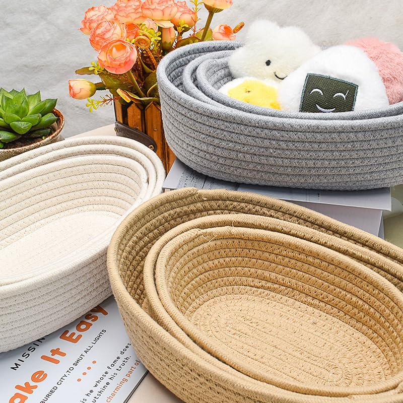 Cotton Rope Storage Baskets Set of 3 - Woven Storage Baskets for Organization, Available in White Grey Beige (Gray)