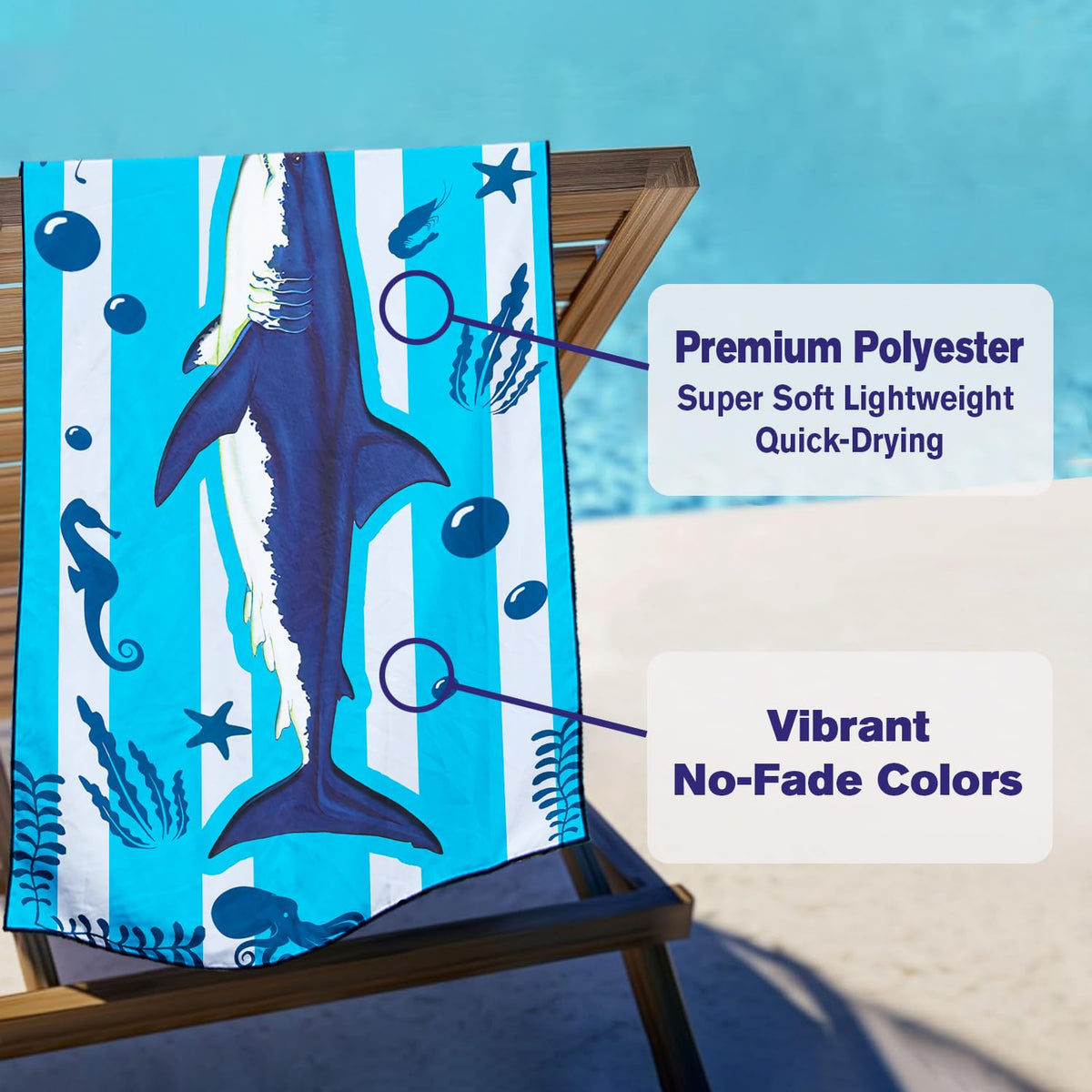 Violetpos Blue Stripe Great White Shark Beach Towel, Extra Large 180x90 cm 250GSM Microfibre, Sand Free Quick Dry