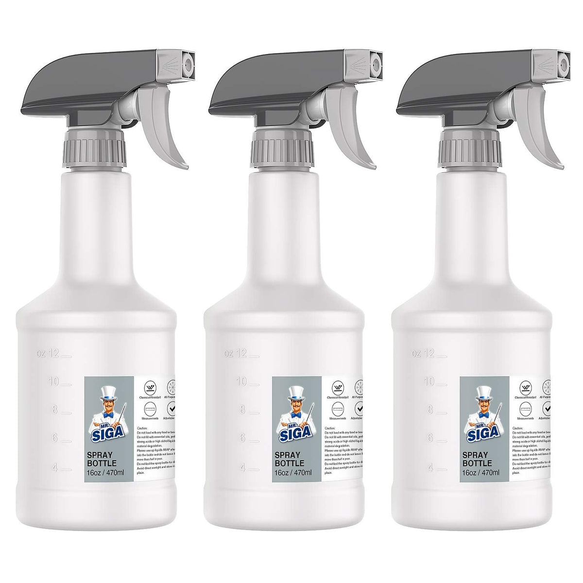 MR.SIGA 16 oz Plastic Spray Bottles for Cleaning Solutions, HDPE Commercial Grade Refillable Spray Bottles with Measurements and Adjustable Leak Proof