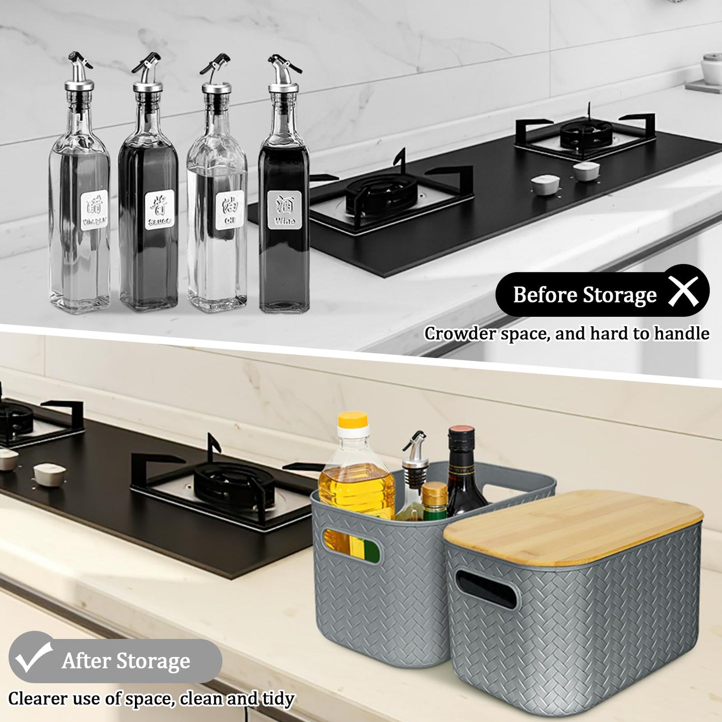 XJGQZ Plastic Storage Boxes with Wooden Lids, 4-Pack Stackable Organisers