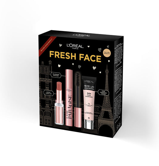 L'Or?al Paris Fresh Face Primer, Lipstick & Mascara Trio Gift Set Prime Lab 24H Pore Minimiser Primer, Hydrating Balm-In-Lipstick In 191 Nude Heaven &
