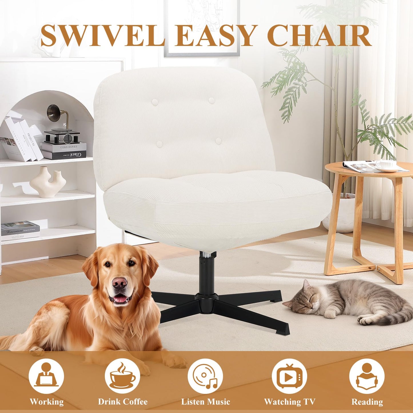 COLAMY Ergonomic 360° Swivel Office Chair for Home - Thick Cushioned Desk Chair with Pet-Friendly Corduroy Fabric, Ideal for Cross-Legged Sitting