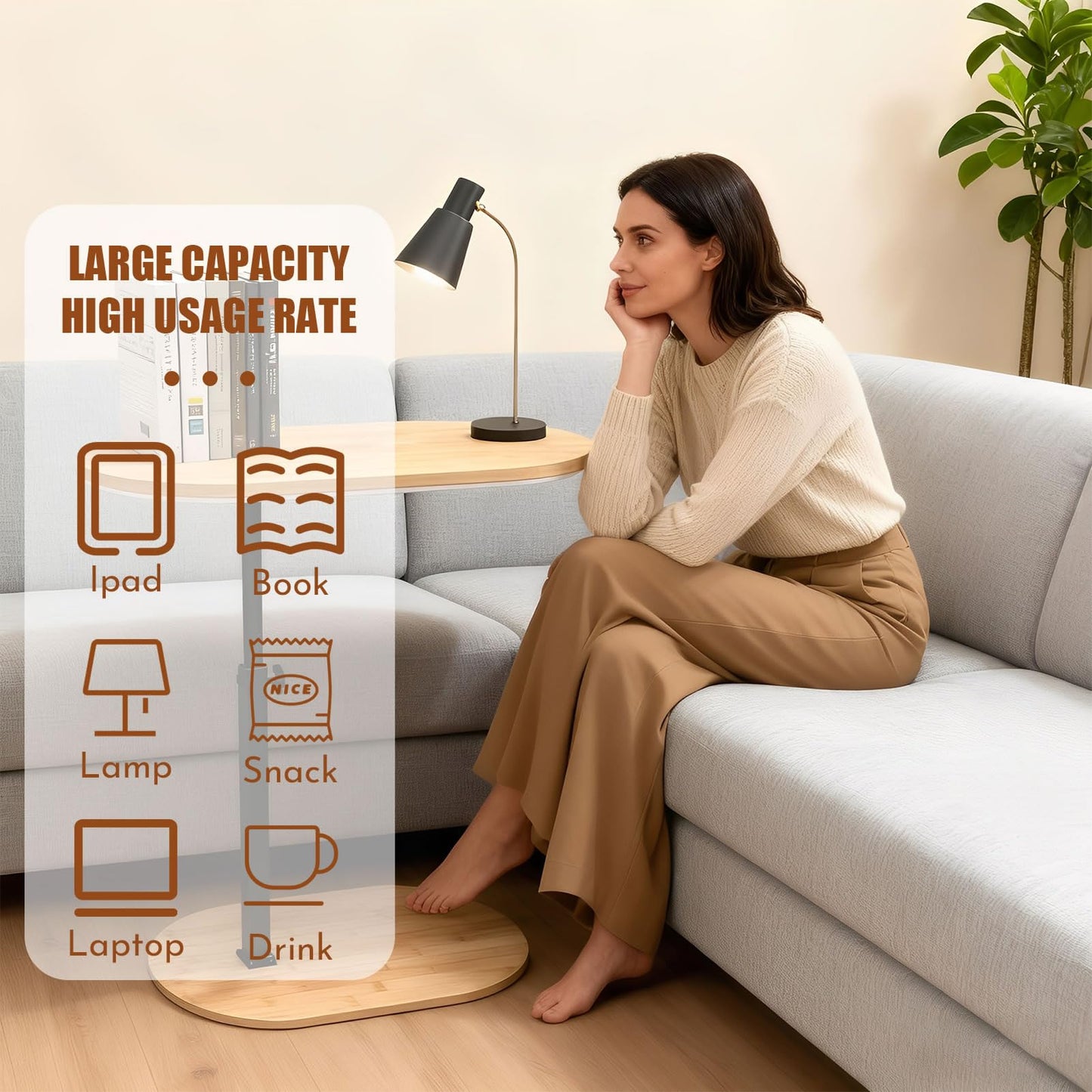 YASHIIN C-Shaped Bamboo Side Table， with Rotating TV Tray， Perfect for Living Room BedSofa Use, 40 to 75 cm Height 360° Rotatable Top, Sturdy Design