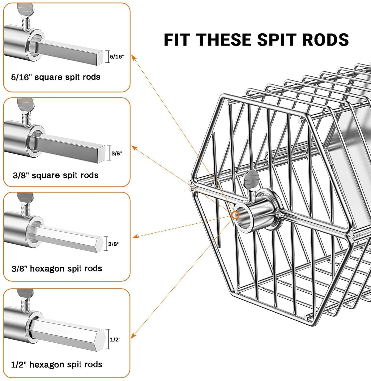 onlyfire BRK-6041 Stainless Steel Round Tumble Rotisserie Spit Rod Basket Fits for Any Gas Grill, 39x17x15.5cm