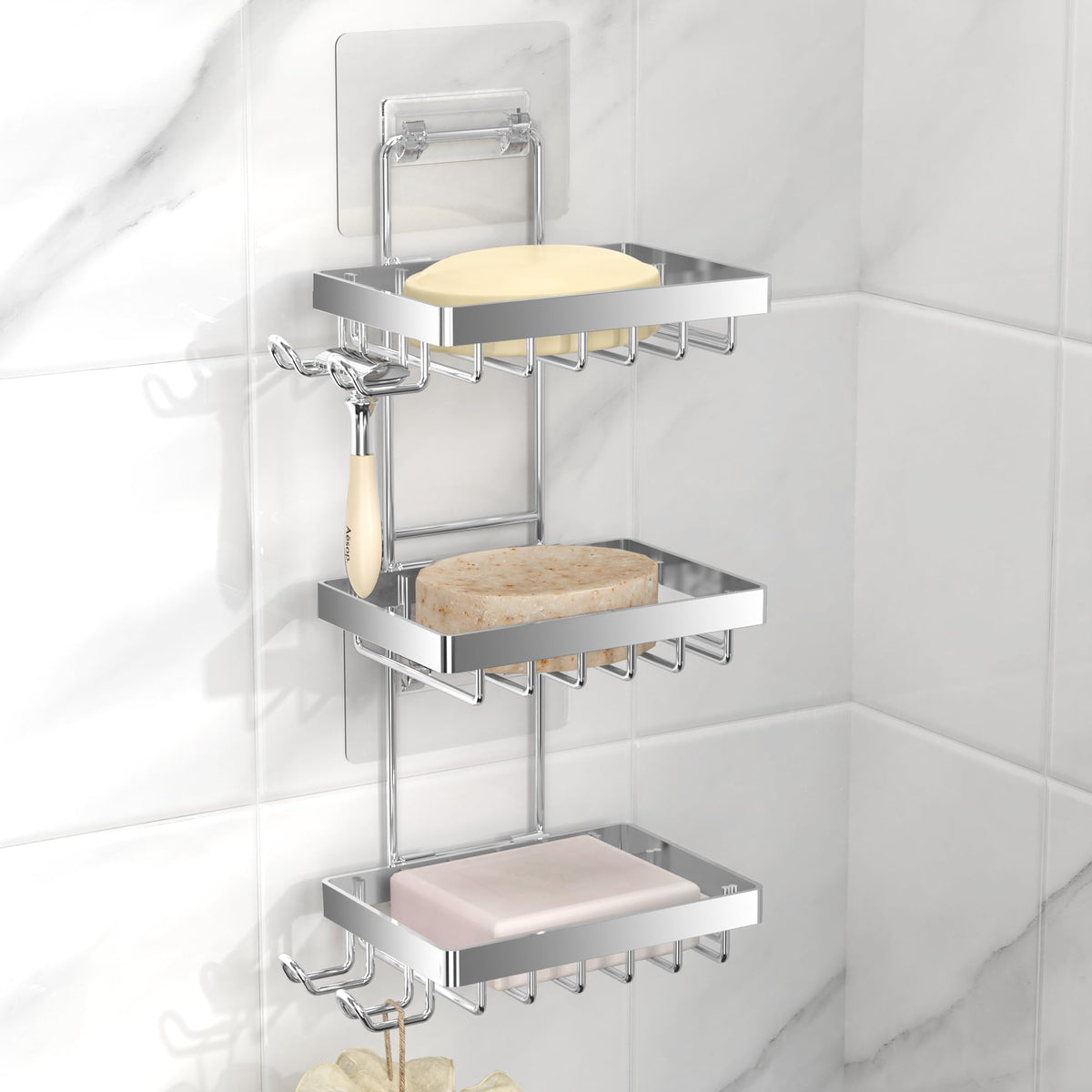 Moforoco Silver Soap Dish Holder for Shower Wall, No Drilling, 3-Tier 304 Rustproof Stainless Steel, Soap Bar Holder with 4 Hooks, Shampoo Bar Holder
