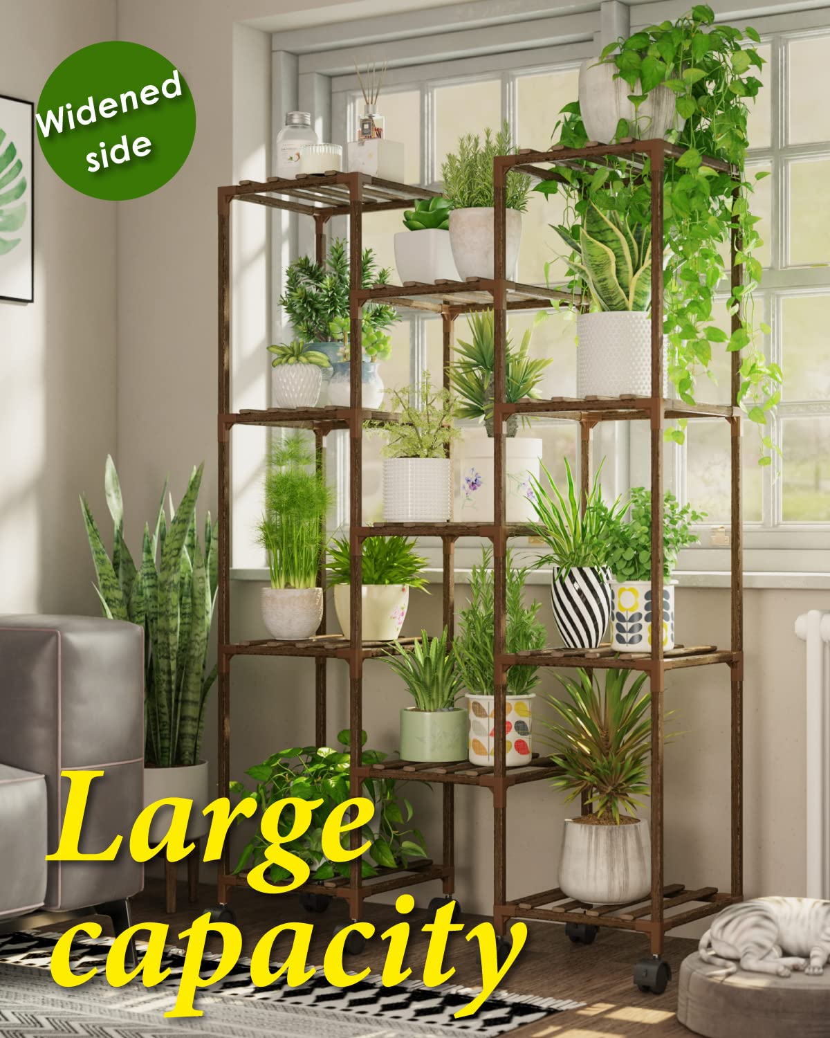Bamworld Plant Stand With Wheels Indoor Outdoor Wood Plants Shelf for Multiple Plants 11 Pots Tall Large Flower Holder for Living Room Patio Balcony