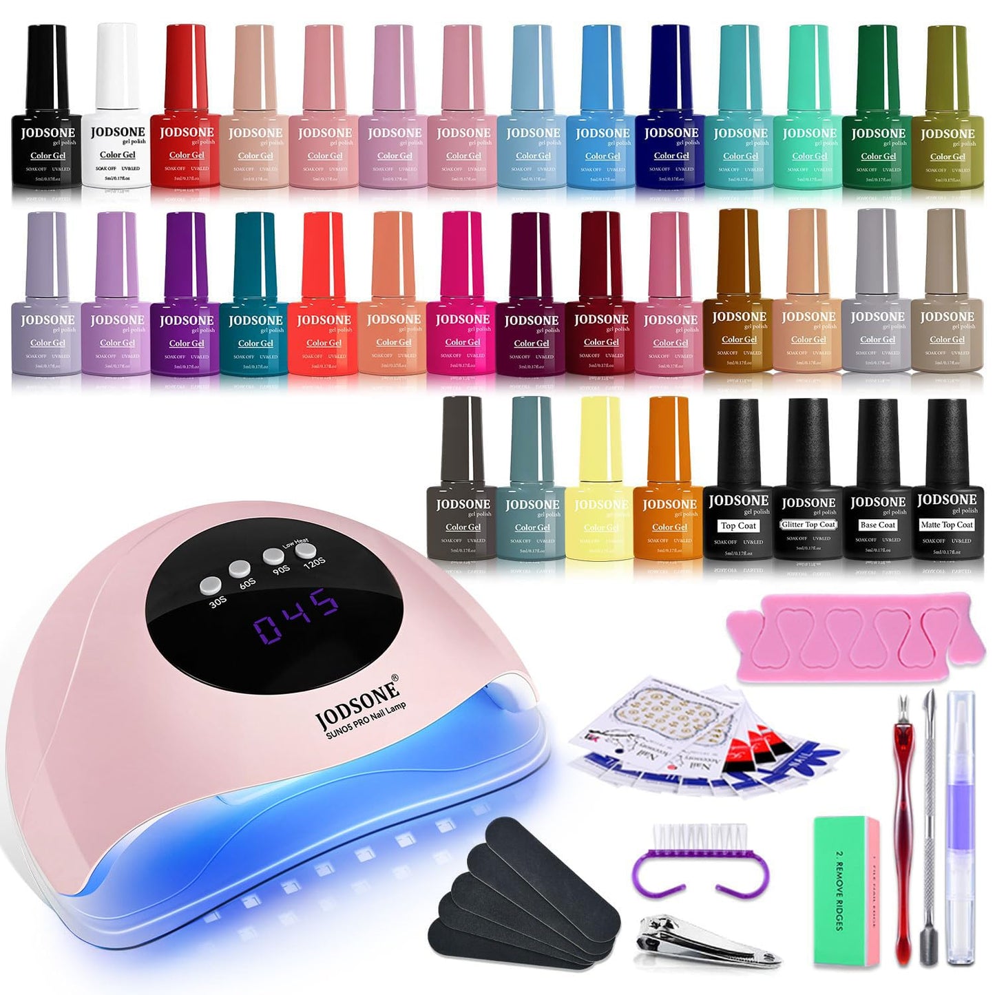 JODSONE Same Color Same Bottle 32 Colors Gel Nail Polish Kit with U V Light Soak Off Glitter Base Top Matte Coat Manicure Salon Home DIY