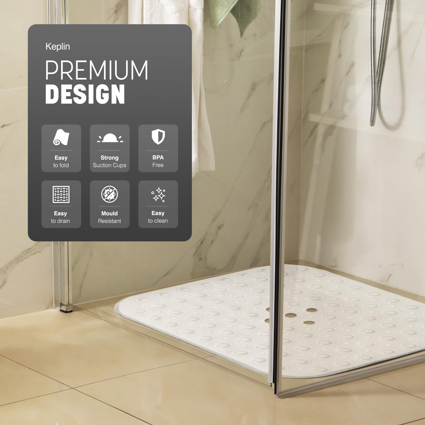 KEPLIN Premium Non-Slip Shower Mat - 164 Suction Cups, BPA & Latex Free, Mildew Resistant, Machine Washable - Safe