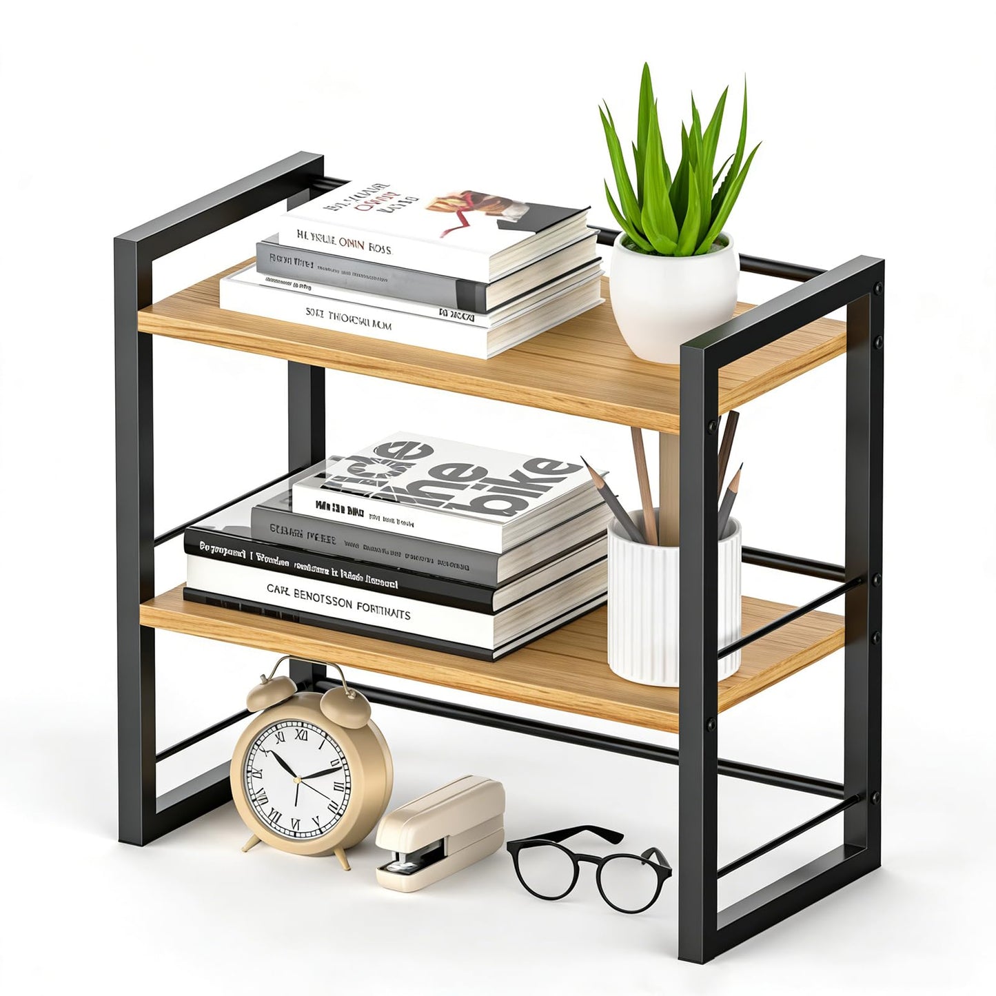 SunshineFace 2-Tier Desk Shelf Organizer, Small Bookcase for Desktop Storage, Wooden Bookshelf with Metal Frame for Office Supplies, Books