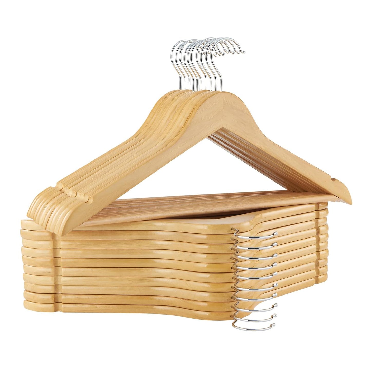 Hangerman Wooden Clothes Hangers - 20 Pack Solid Wood Coat Jacket Hangers with Non-Slip Trouser Bar and Notches, 360° Swivel Hook, Natural
