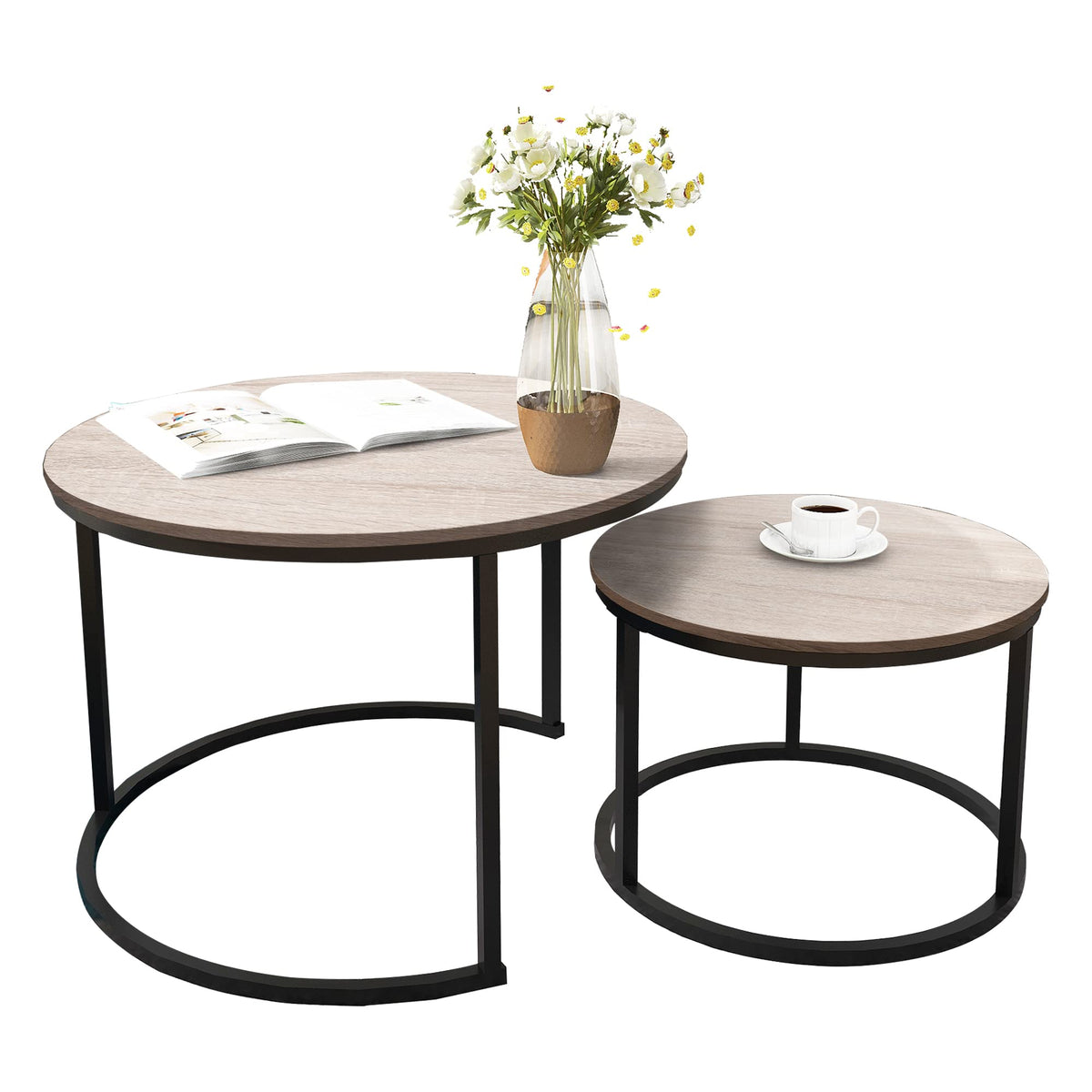 Round Nesting Coffee Table Modern Nesting Side Set of 2 End Table for Living Room Balcony Garden