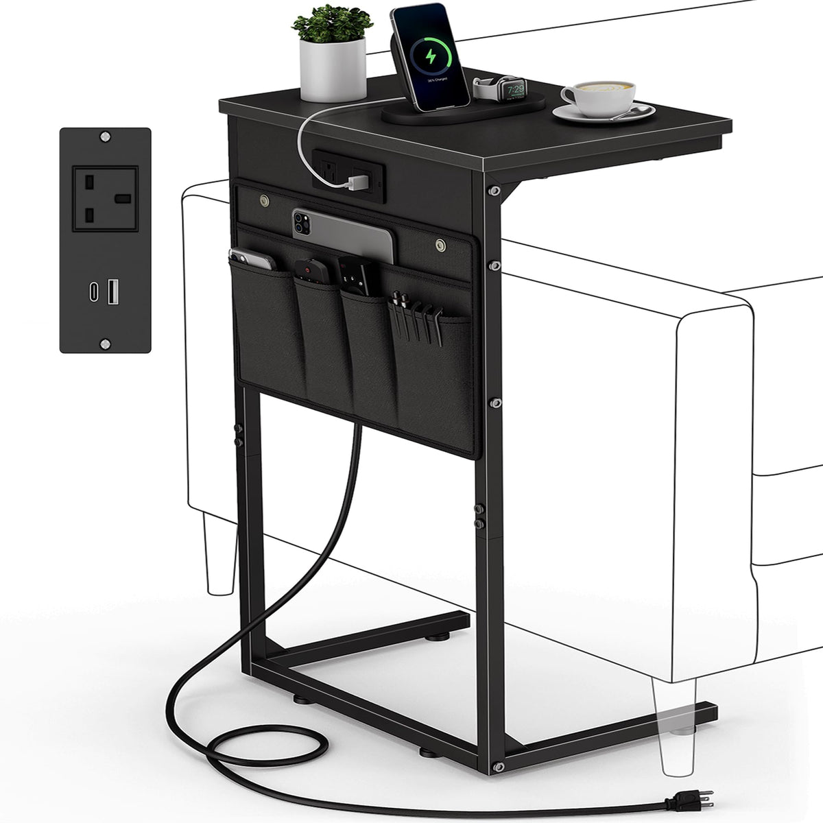 Vagusicc C Shaped End Table with Charging Station, 28" Tall Couch Side Table, Sofa Table Beside Table, Slide Under Sofa Arm C Table for Small Spaces