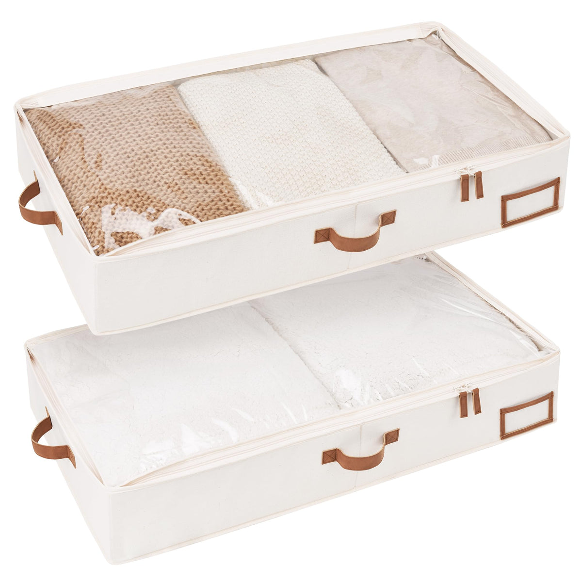 StorageWorks Underbed Storage Box, Under Bed Clothes Organizer With Sturdy Structure and Ultra Thick Fabric, Ivory White, Large, 2 pack