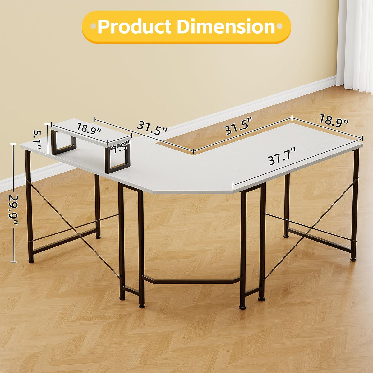 CAIYUN Corner Desk, 50" L Shaped Gaming Desk with Removable Monitor Stand, Computer Desk for Home Office, Metal Frame, White