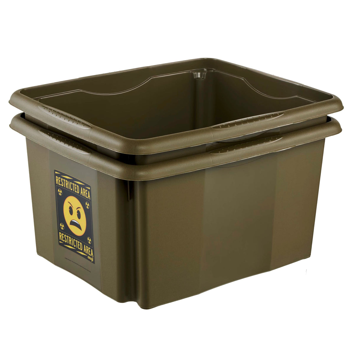 keeeper karolina storage box with lid, 24 l, rotatable and stackable, Emoji Danger design, For children, olive green (Olive)