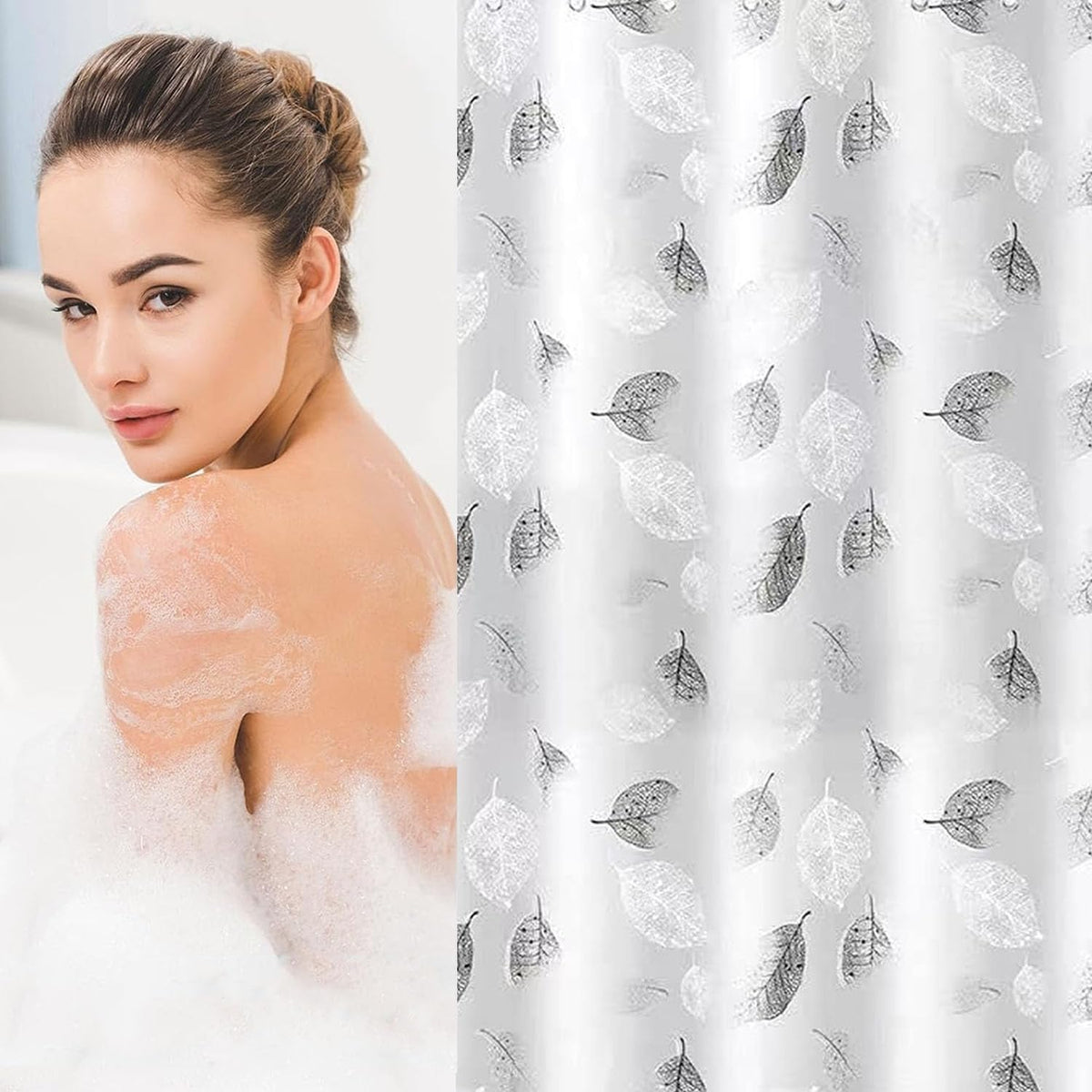 Shower Curtain for Bathroom, 100% Polyester Waterproof Mould Proof Resistant Fabric, 180 x 180cm PEVA Bathroom Curtains with Grommets & 12 Pcs Hooks