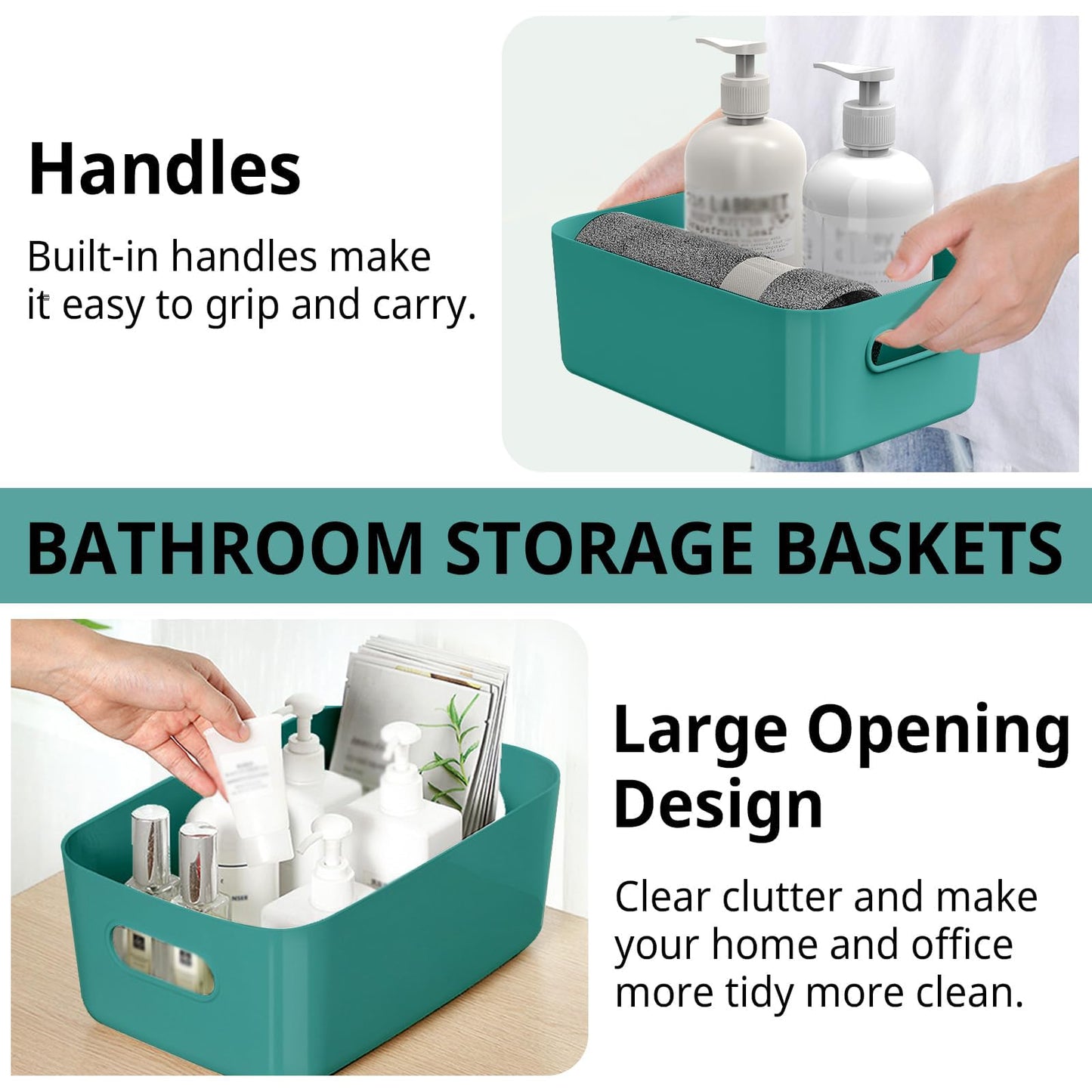 W&H 5 PCS Green Plastic Storage Boxes with Handle, Small Storage Baskets, Rectangular Home & Kitchen Organiser, Cupboard Boxes for Shelves, Bathroom