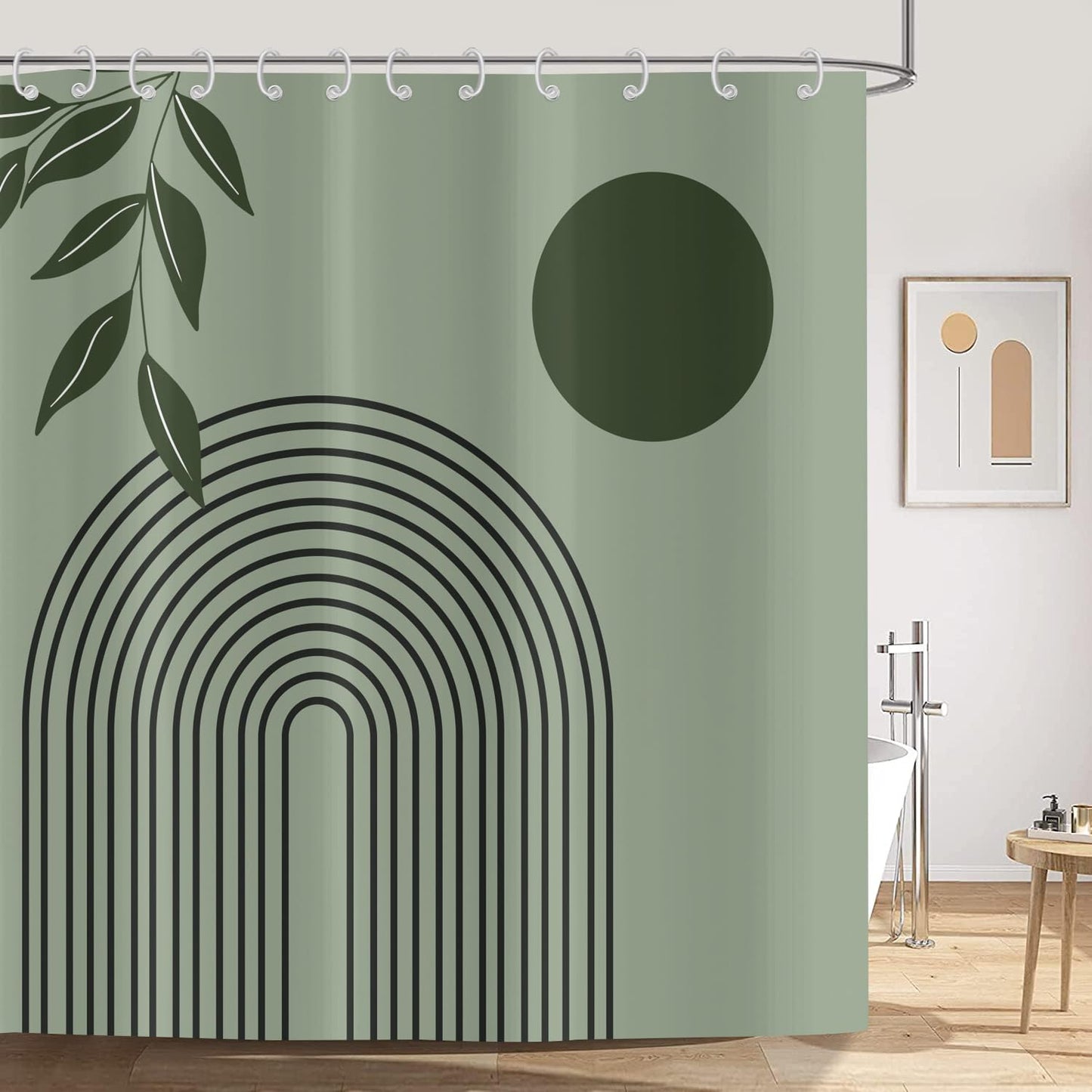 ASDCXZ Boho Shower Curtain 180x180 cm, Modern Abstract Art Green Leaves Sun Line Sage Green Bath Washable Shower Curtains Polyester Textile