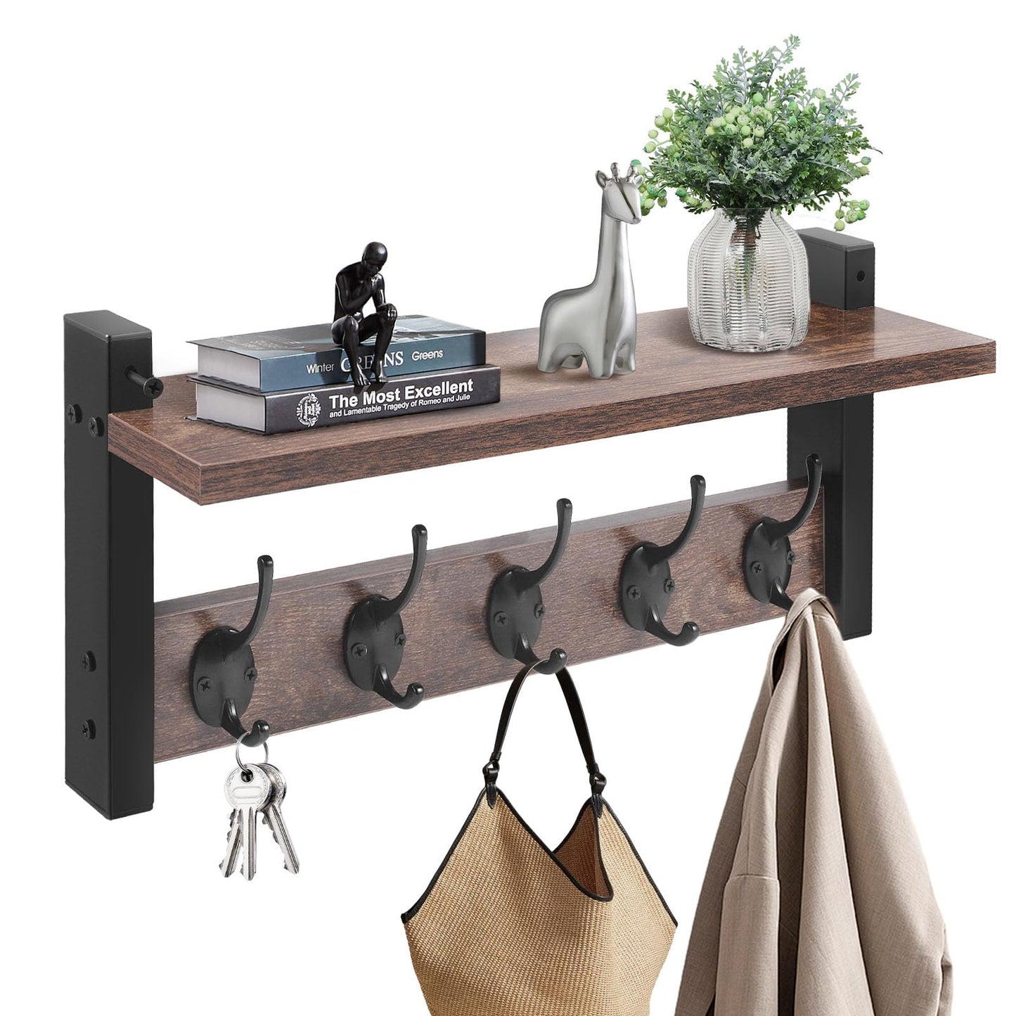 Coat Rack Wall Mounted - Coat Hooks Wall Mounted with 5 Coat Hooks Removable Floating Shelf for Kitchen, Bedroom, Bathroom, Rustic Brown