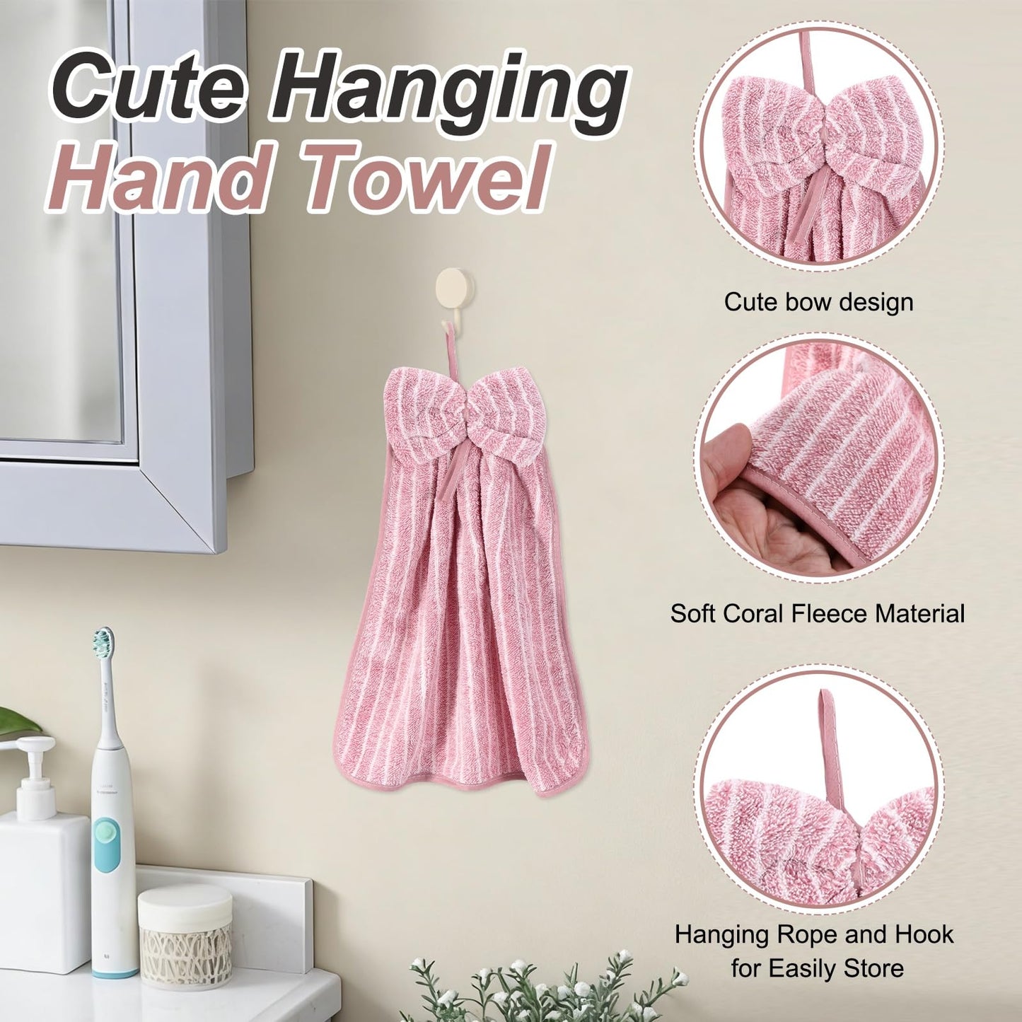 sourcing map 4Pcs Bow Hand Towels with Hanging Loop, 14.2" x 11.8" Soft Coral Fleece Microfiber Bowknot Hanging Hand Dry Towels Quick Dry and